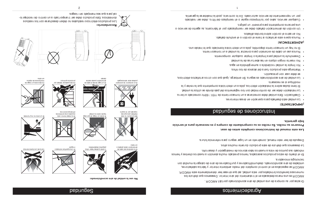 Amcor Portable Air Conditioner owner manual Seguridad de Instrucciones, Seguridad Agradecimientos, Garantía bajo 