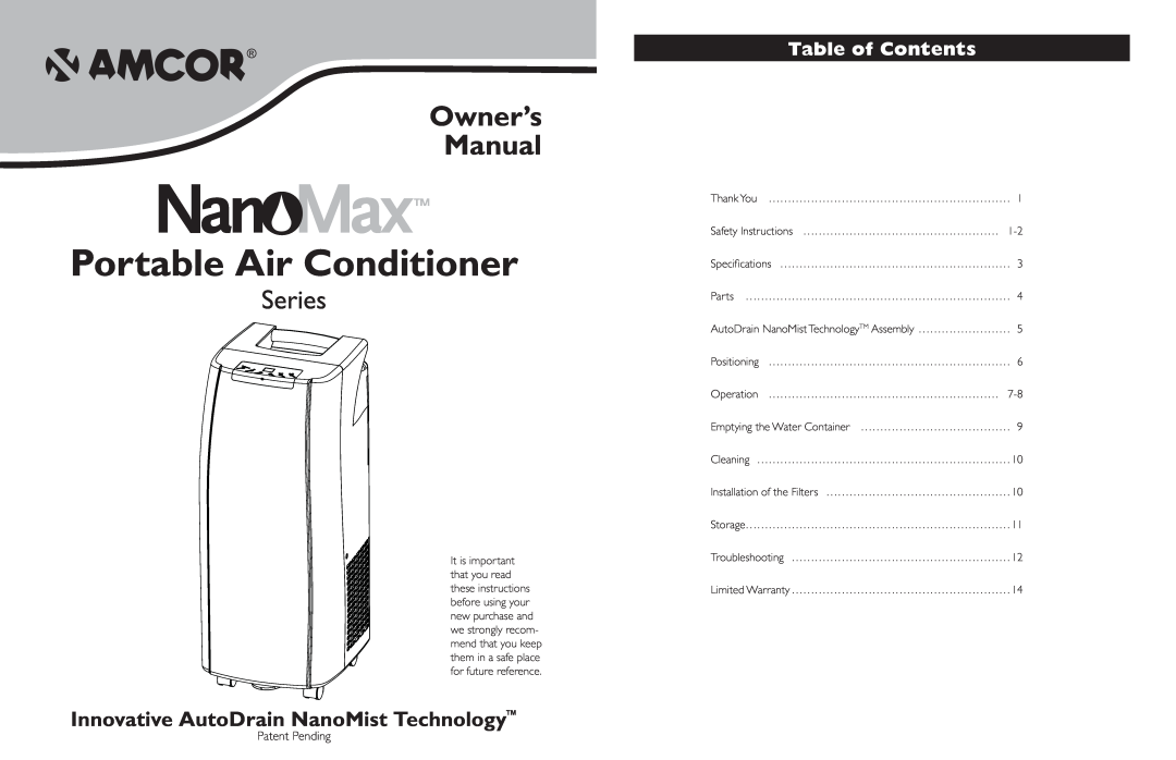 Amcor Portable Air Conditioner owner manual Table of Contents, Series, Innovative AutoDrain NanoMist Technology 