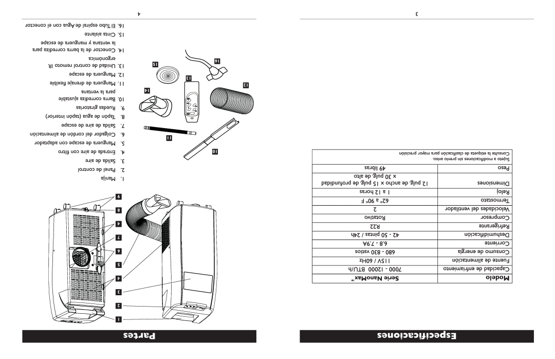 Amcor Portable Air Conditioner owner manual Partes, cacionesEspeciﬁ, Modelo, NanoMax Serie 