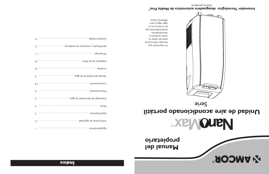 Amcor Portable Air Conditioner owner manual Serie portátil acondicionado aire de Unidad, propietario del Manual, Índice 