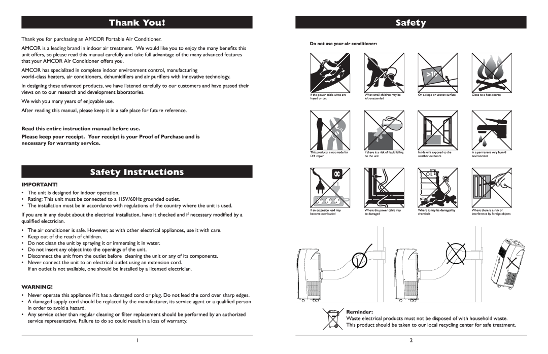 Amcor Portable Air Conditioner owner manual Thank You, Safety Instructions, Reminder 