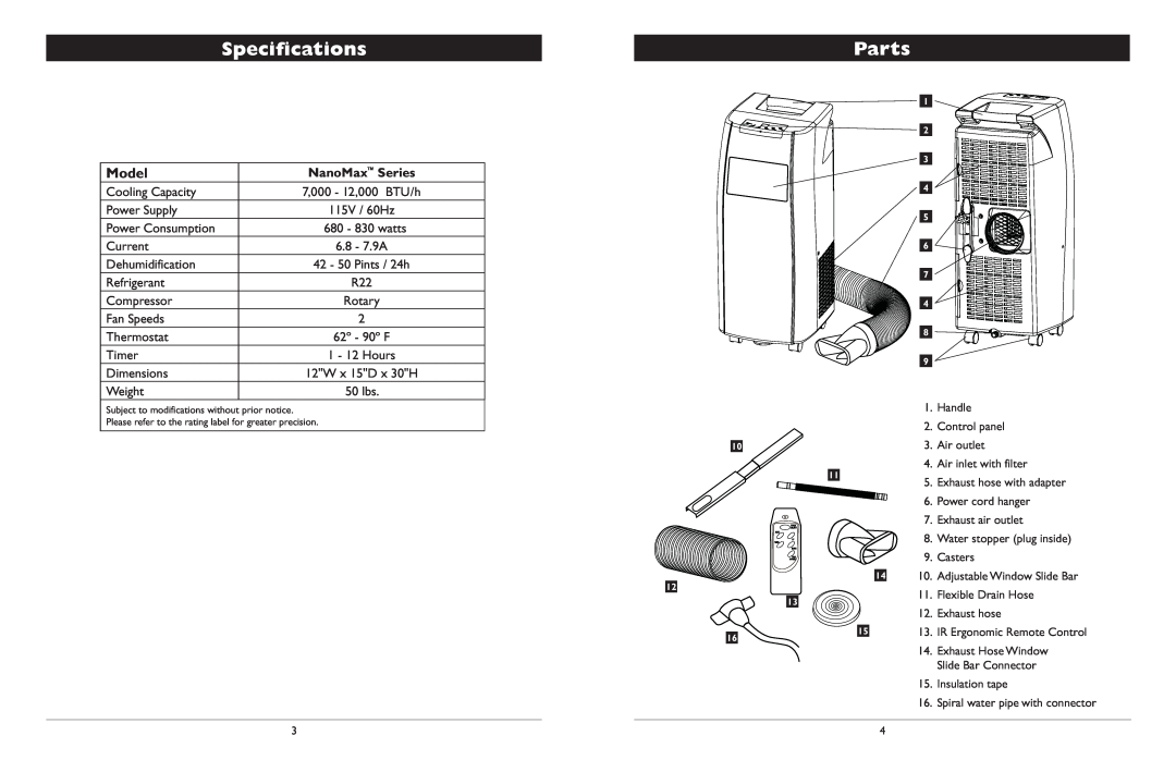 Amcor Portable Air Conditioner owner manual Speciﬁcations, Parts, Model, NanoMax Series 