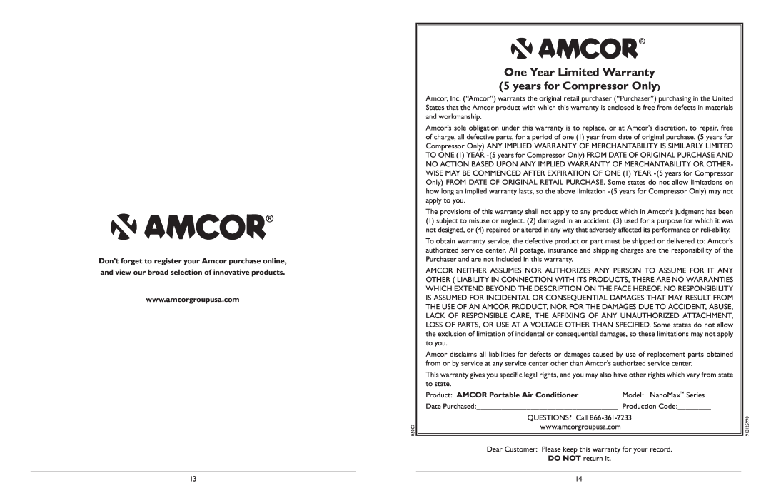 Amcor owner manual Product AMCOR Portable Air Conditioner 