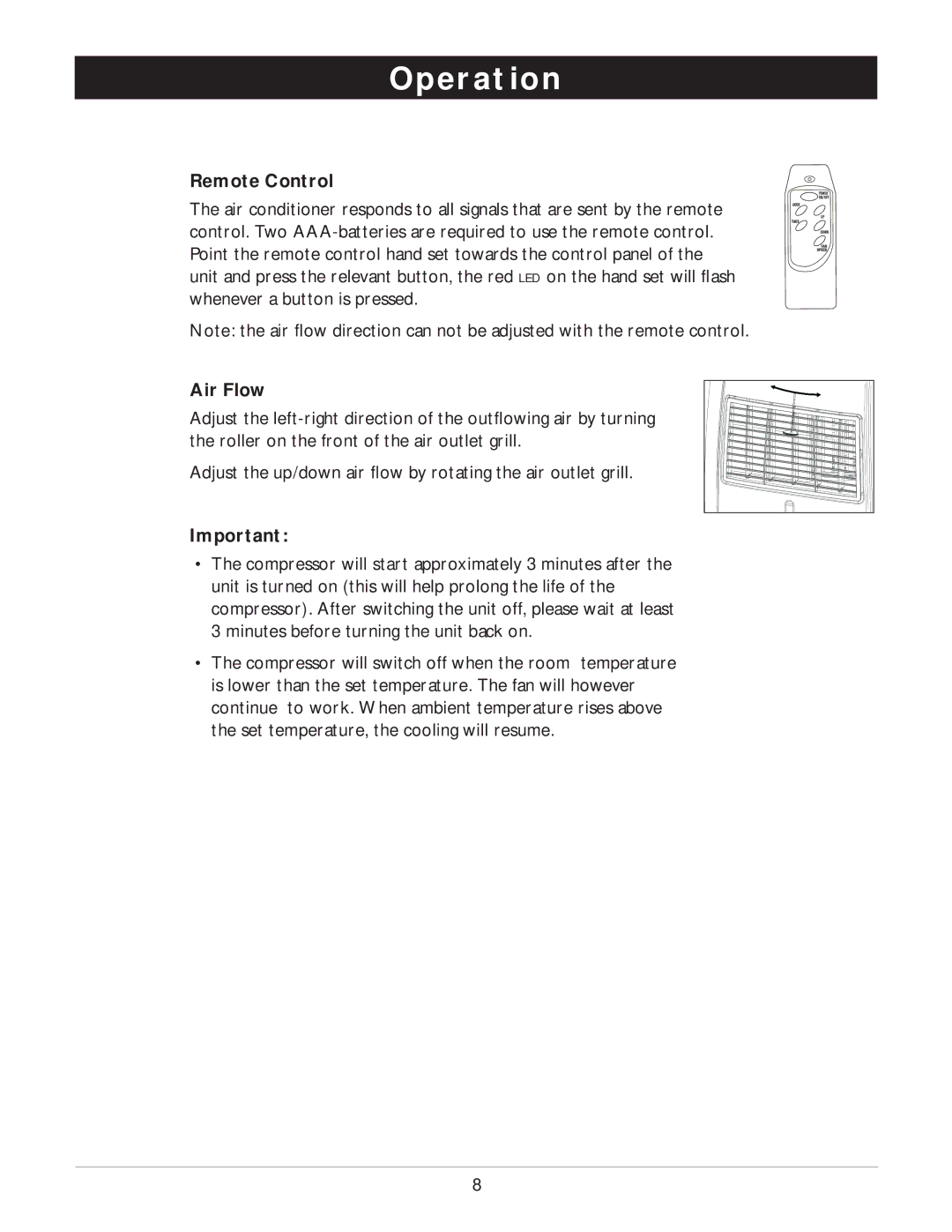 Amcor PORTABLE AIRCONDITIONER owner manual Remote Control, Air Flow 