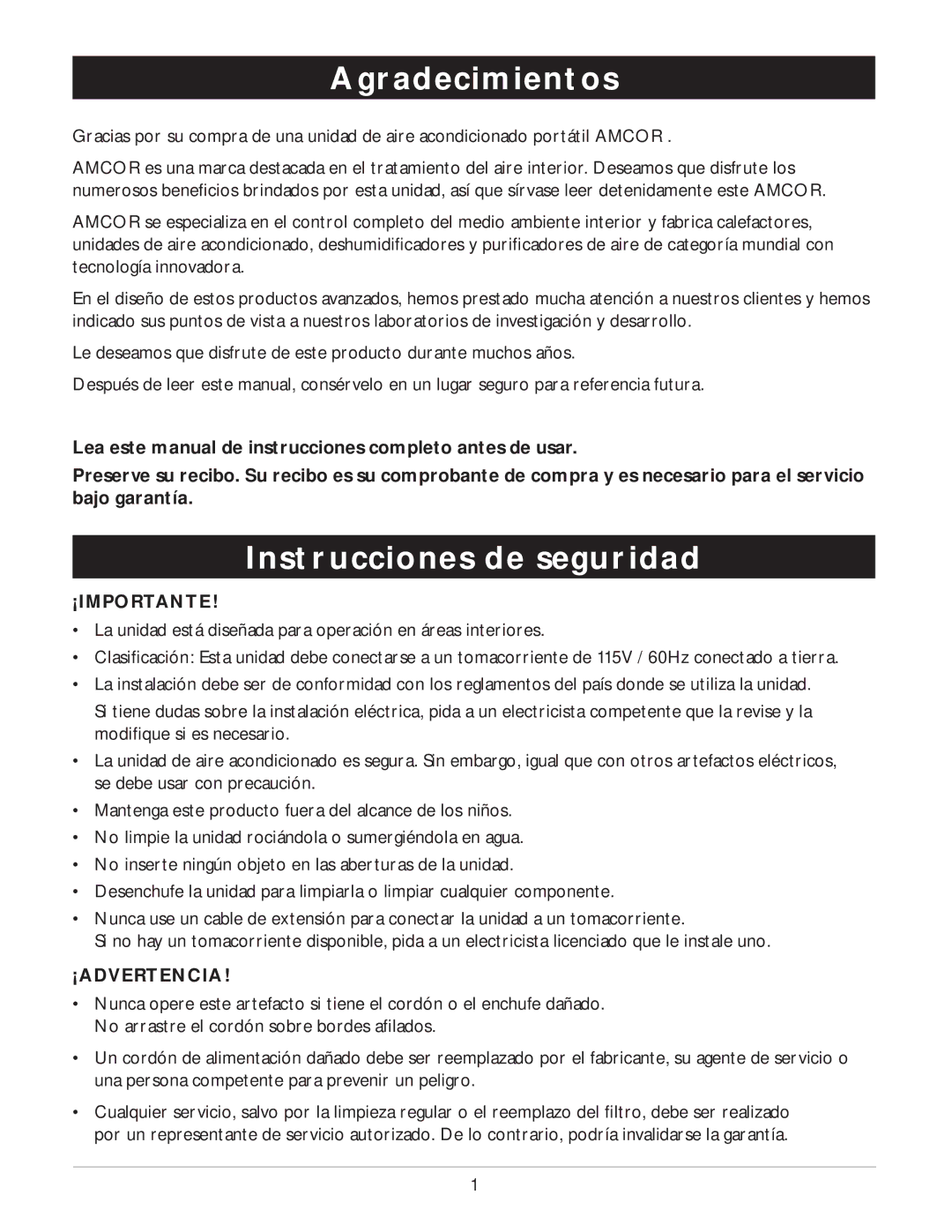 Amcor PORTABLE AIRCONDITIONER owner manual Agradecimientos, Instrucciones de seguridad 