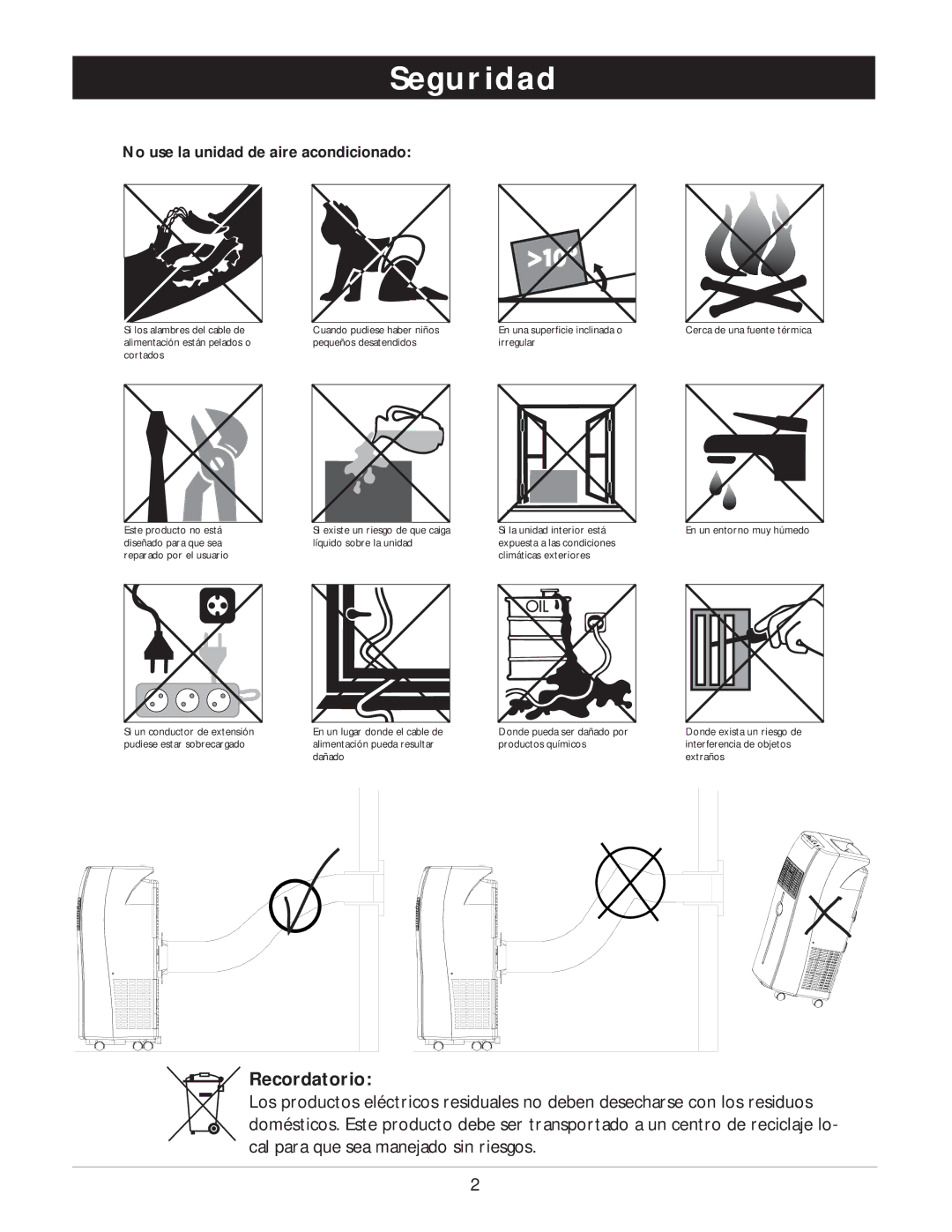 Amcor PORTABLE AIRCONDITIONER owner manual Seguridad, Recordatorio 