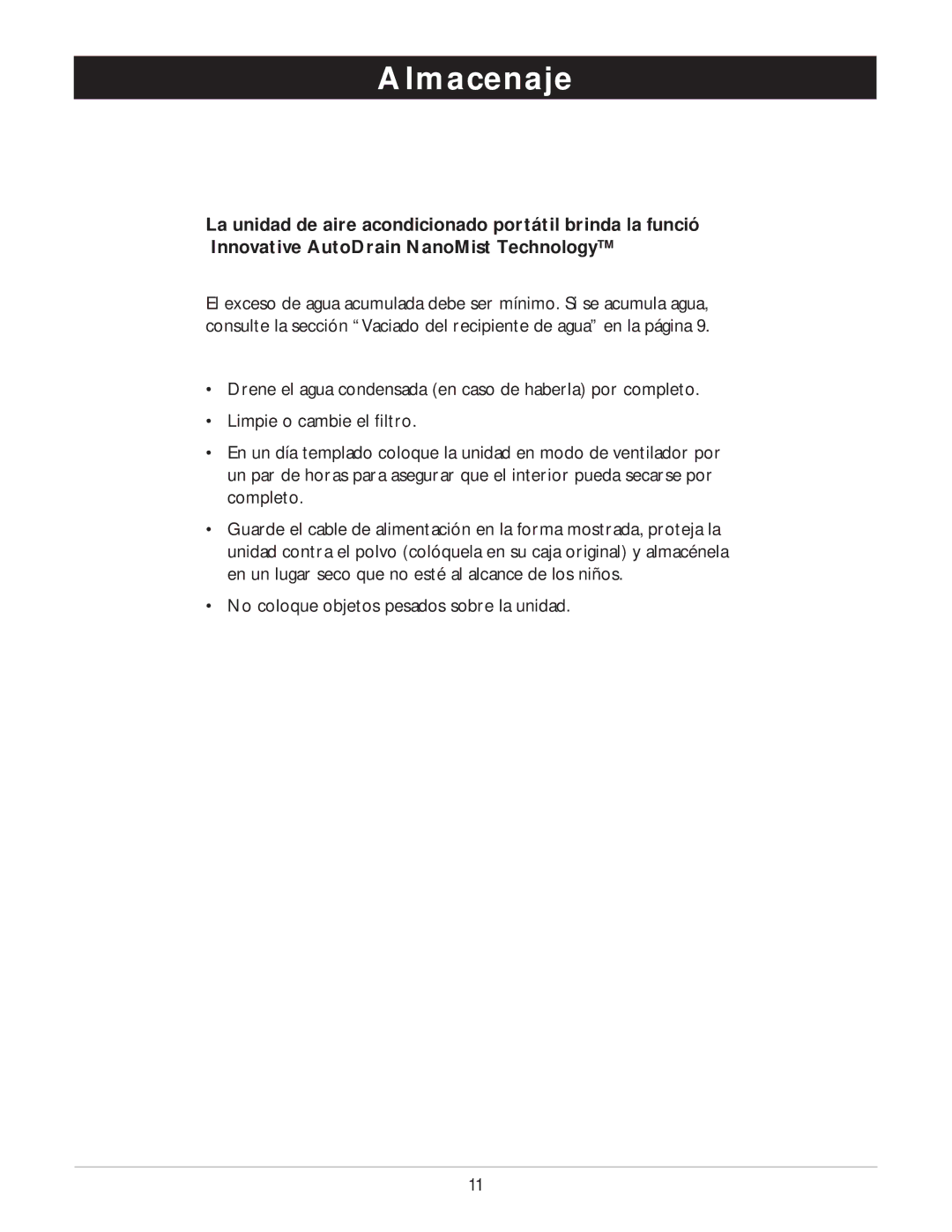 Amcor PORTABLE AIRCONDITIONER owner manual Almacenaje 