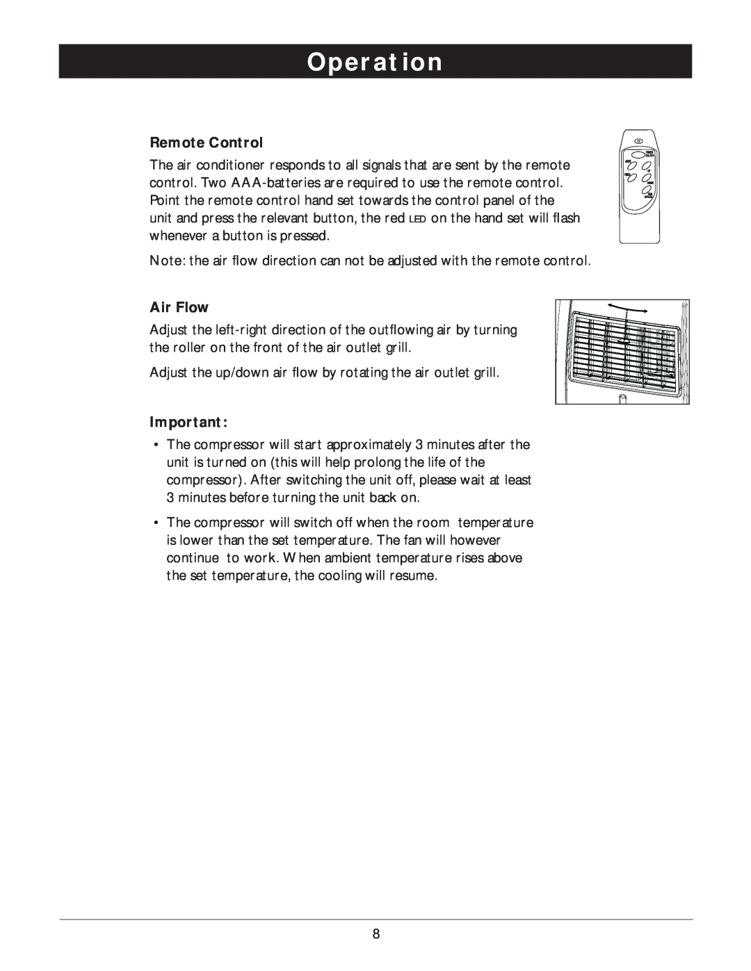 Amcor PORTABLE AIRCONDITIONER owner manual Operation, Remote Control, Air Flow 