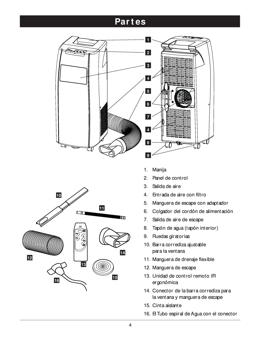 Amcor PORTABLE AIRCONDITIONER owner manual Partes 