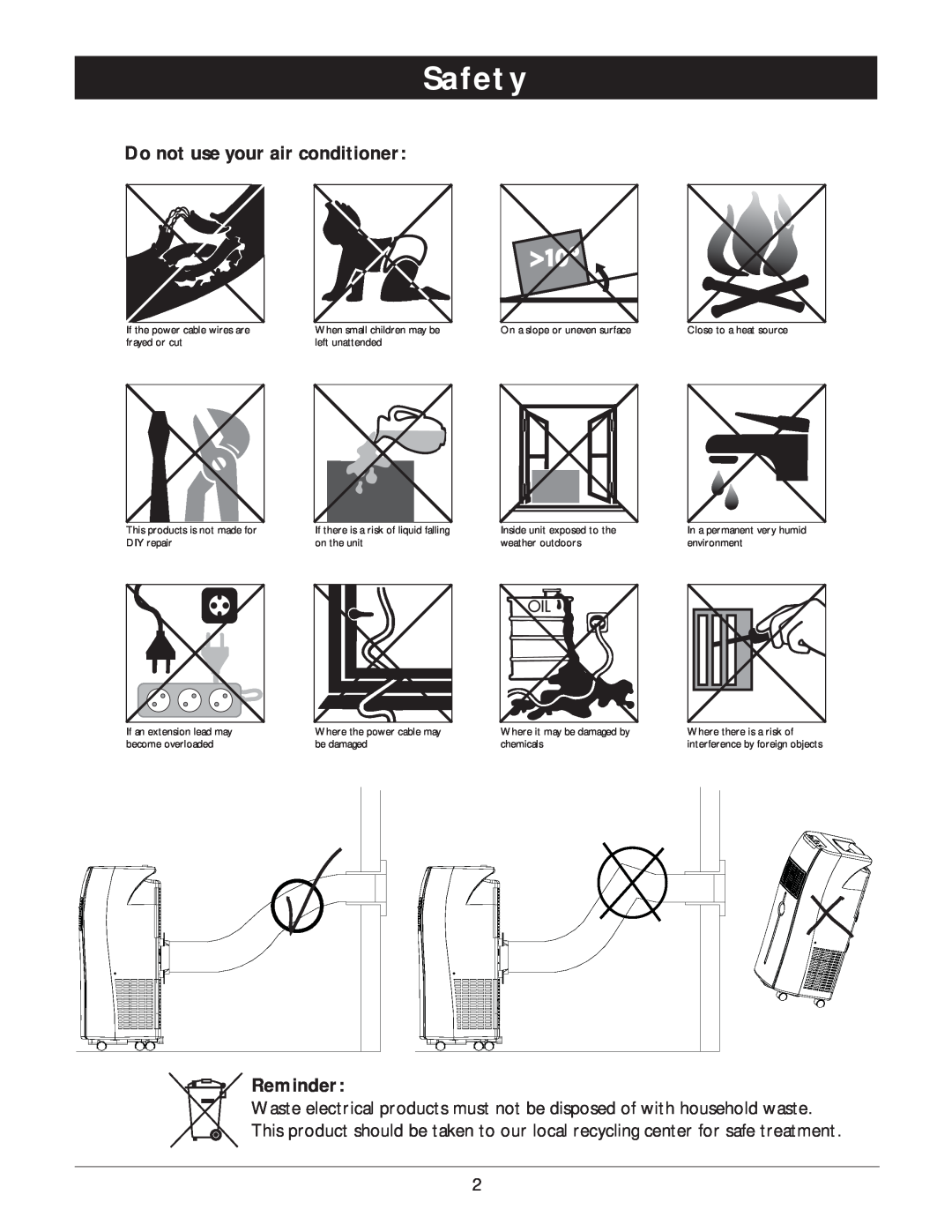 Amcor PORTABLE AIRCONDITIONER owner manual Safety, Do not use your air conditioner, Reminder 