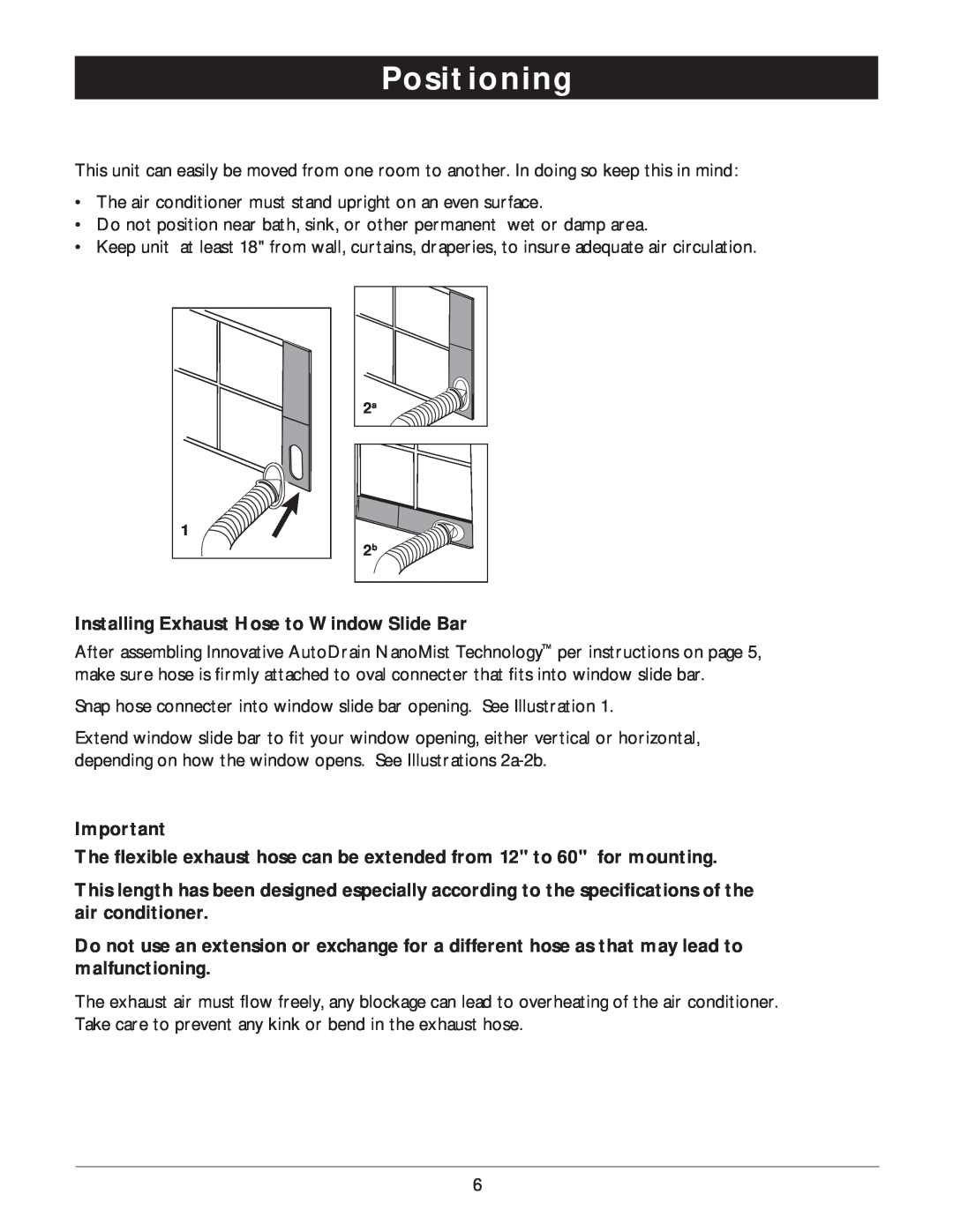 Amcor PORTABLE AIRCONDITIONER owner manual Positioning, Installing Exhaust Hose to Window Slide Bar 