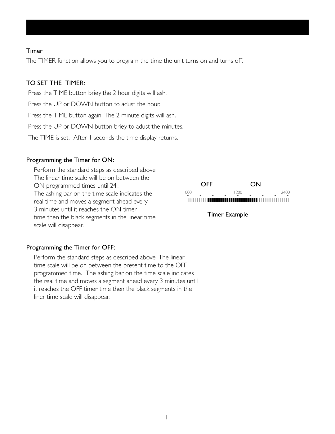 Amcor PVMB-12000E owner manual Programming the Timer for on, Programming the Timer for OFF, Timer Example 