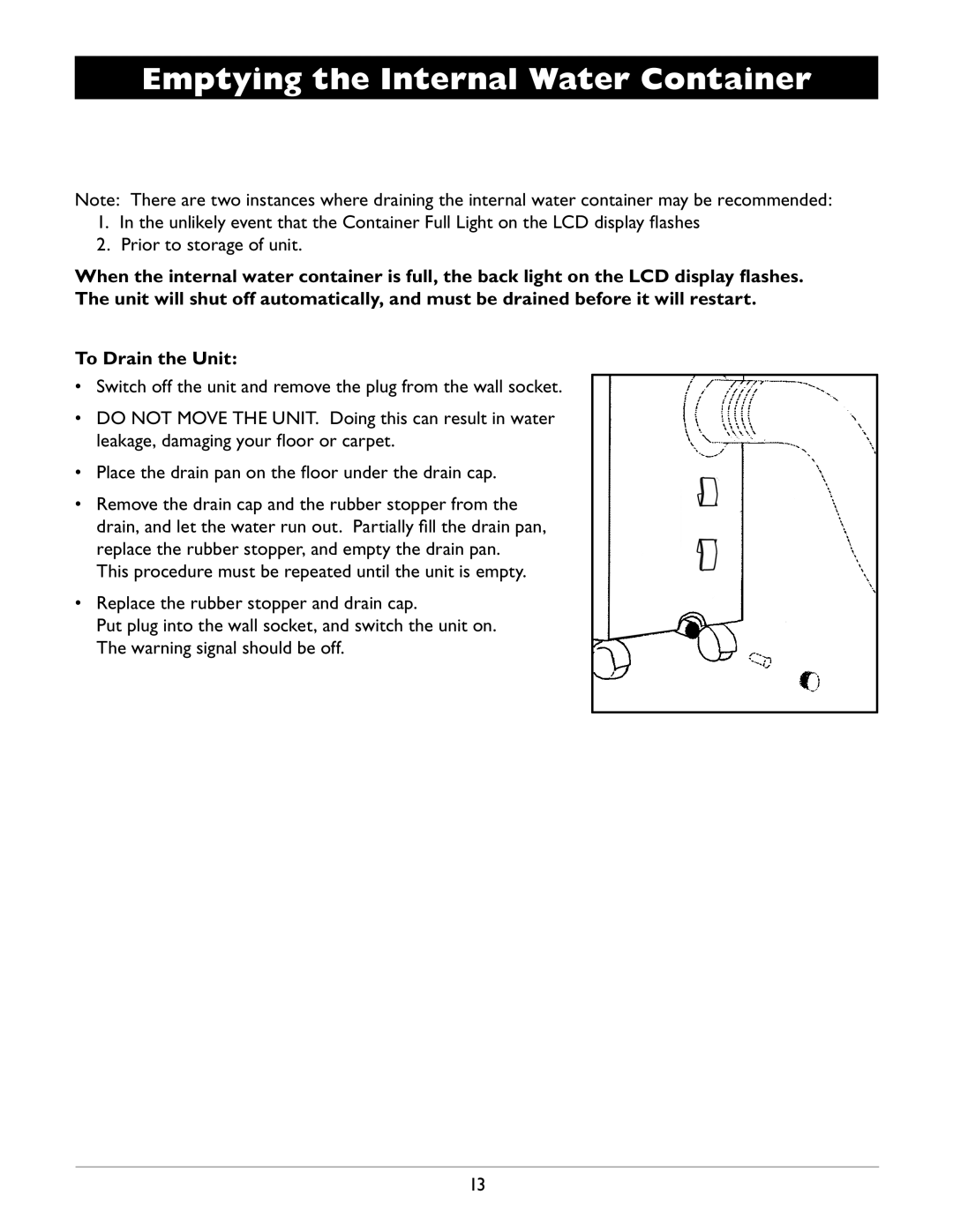 Amcor PVMB-12000E owner manual Emptying the Internal Water Container 