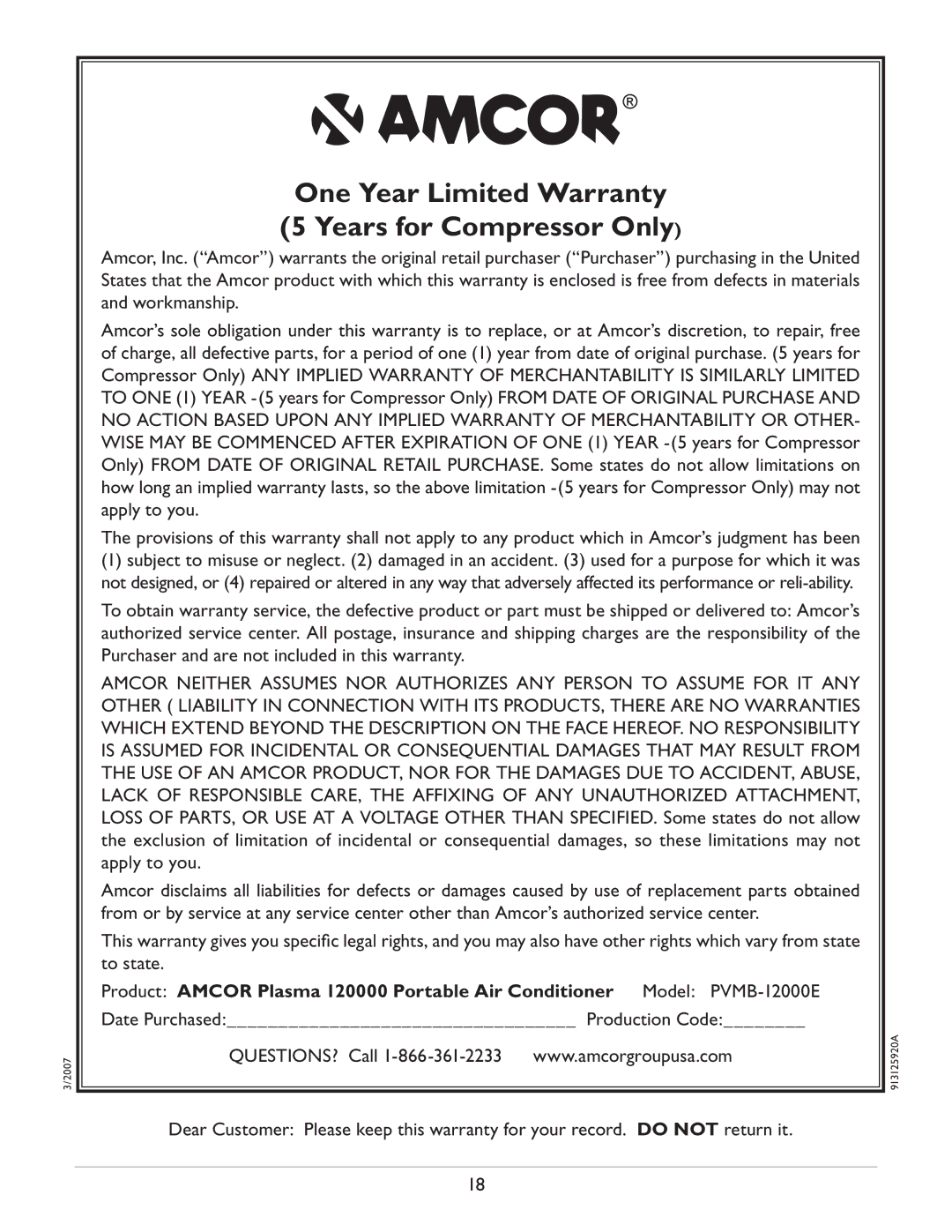 Amcor PVMB-12000E owner manual One Year Limited Warranty 5 Years for Compressor Only 