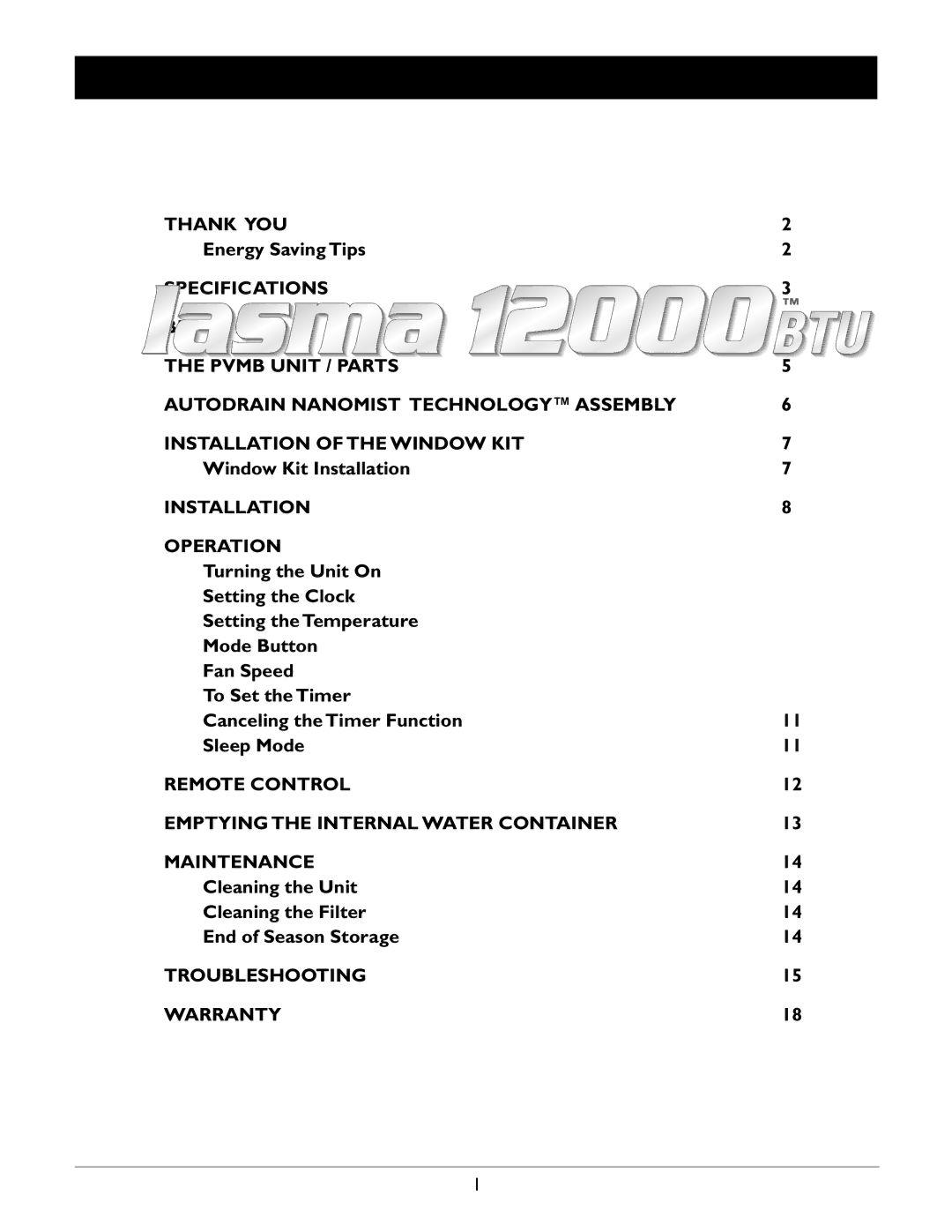 Amcor PVMB-12000E owner manual Table of Contents 