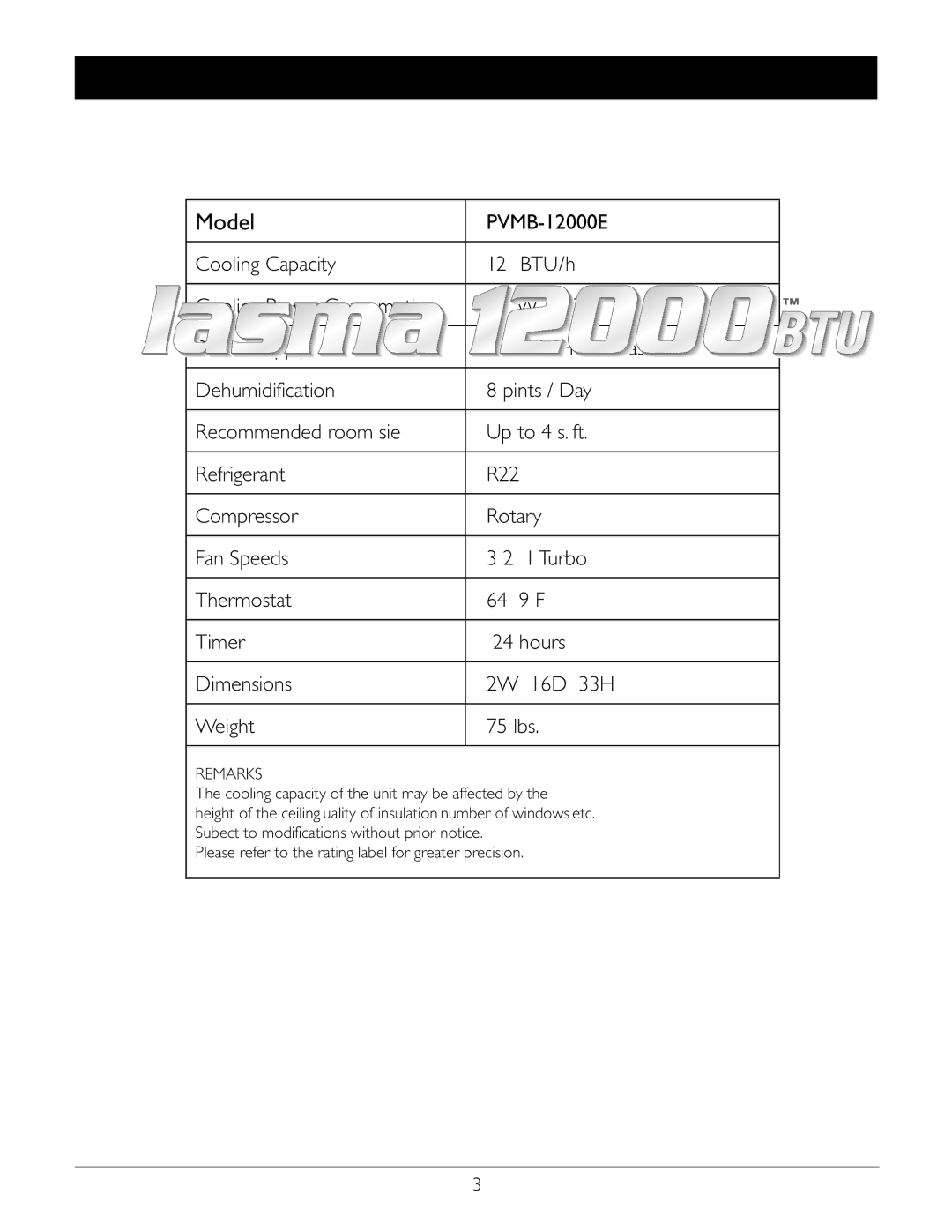 Amcor PVMB-12000E owner manual Specifications, Model 