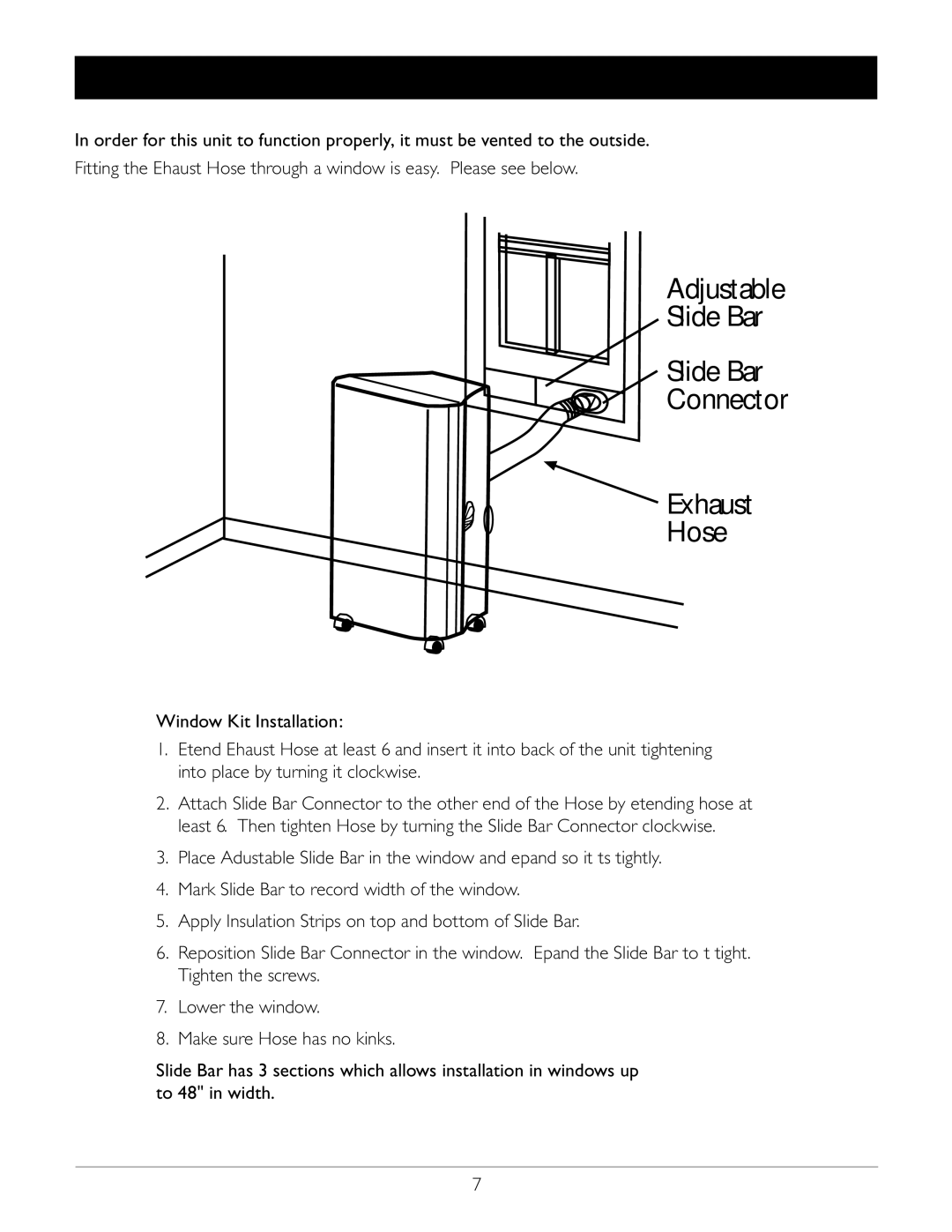 Amcor PVMB-12000E owner manual Adjustable Slide Bar Connector Exhaust Hose, Window Kit Installation 