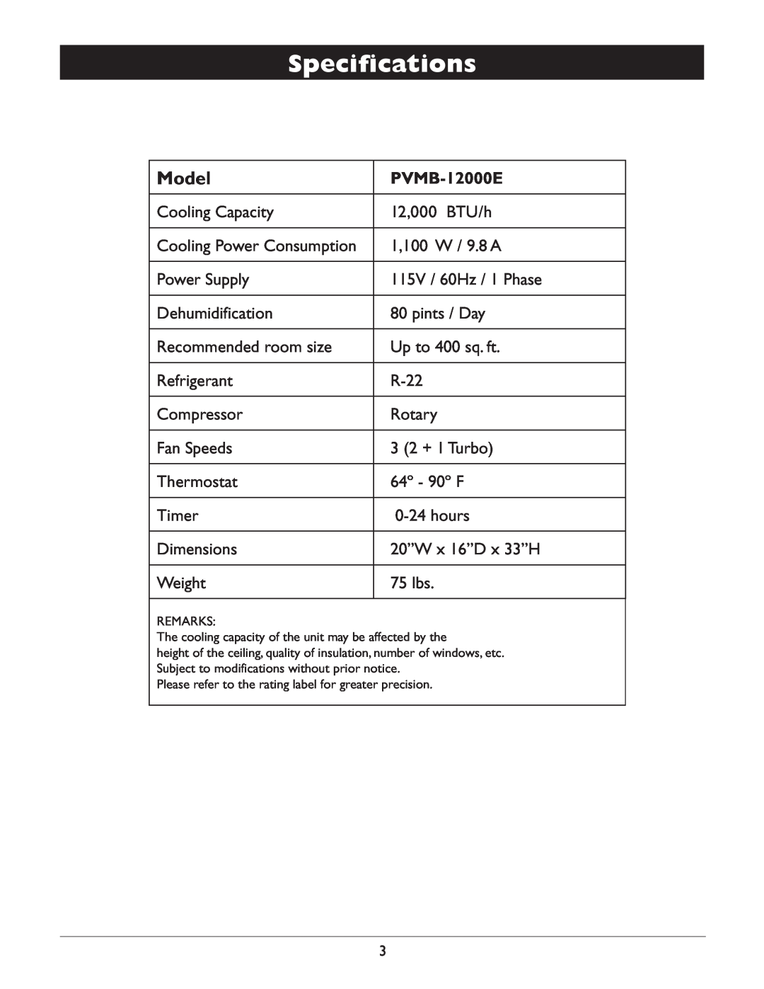 Amcor PVMB-12000E owner manual Specifications, Model 
