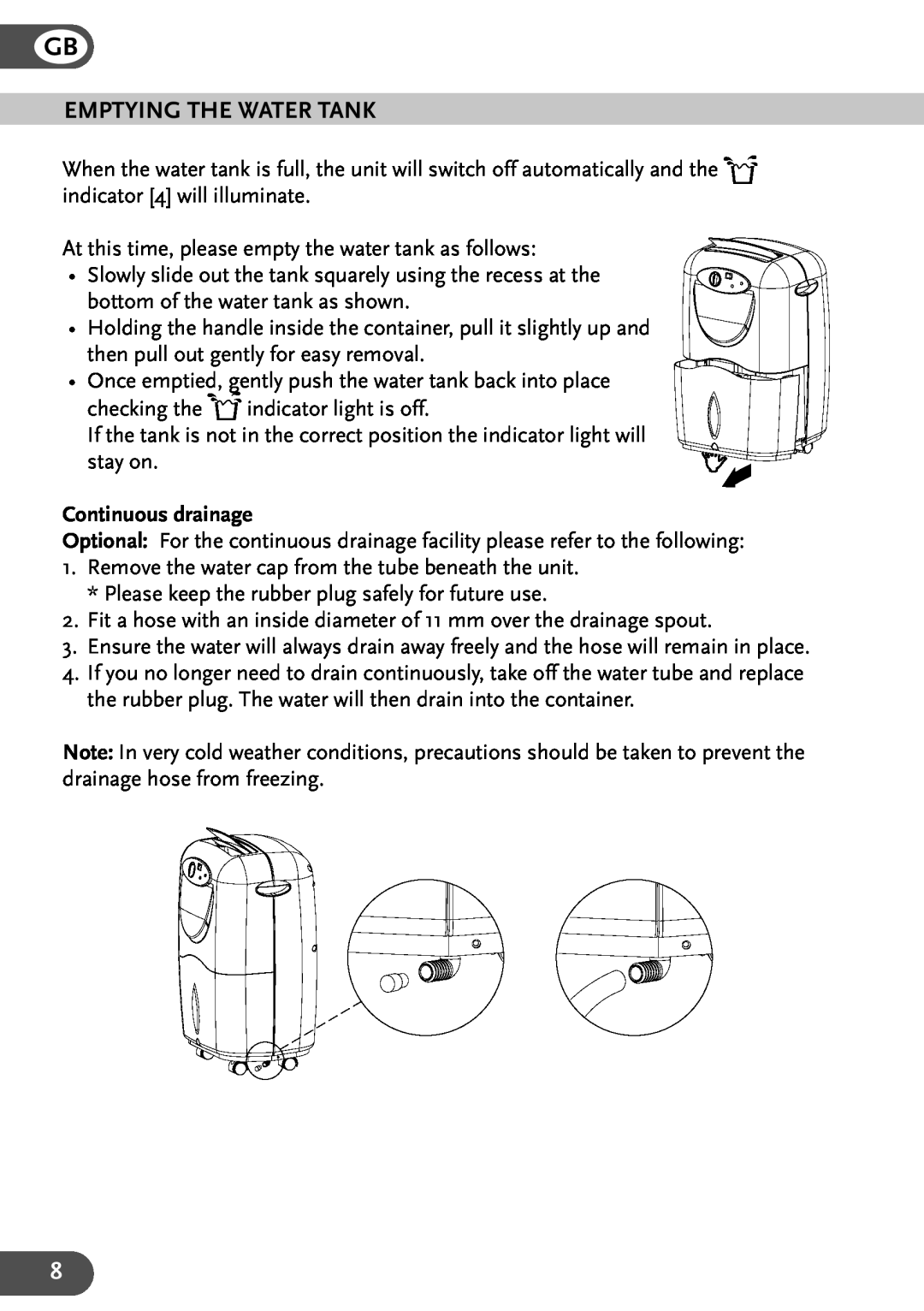 Amcor QT 120 instruction manual Emptying The Water Tank, Continuous drainage 