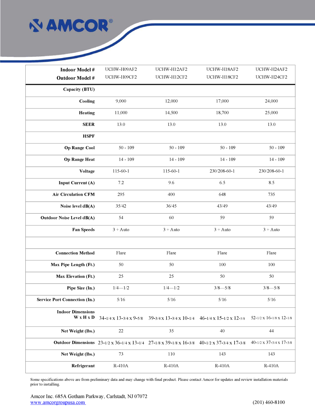 Amcor UCHW-H12CF2, UCHW-H18CF2, UCHW-H24AF2 Indoor Model #, Outdoor Model #, 27-1/8x 39-1/8x 16-3/8 40-1/2x 37-3/4x 17-3/8 