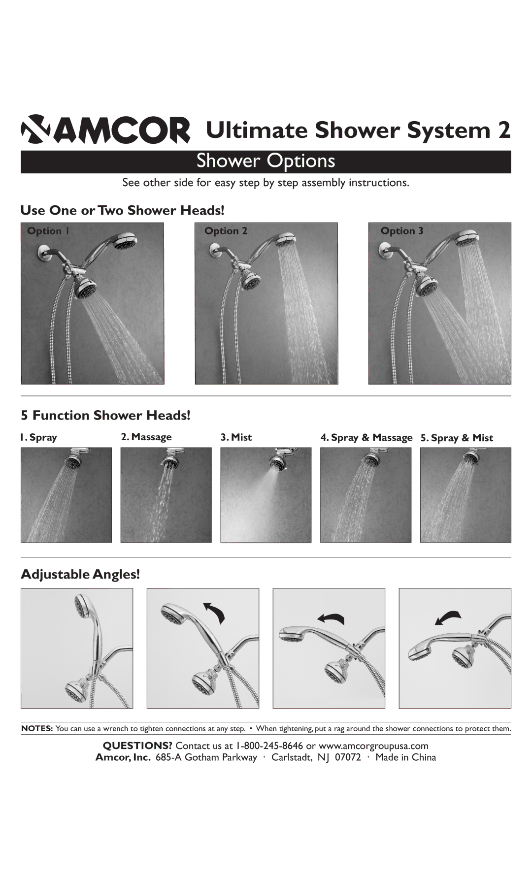 Amcor Ultimate Shower System manual Shower Options, Use One or Two Shower Heads, Function Shower Heads, Adjustable Angles 