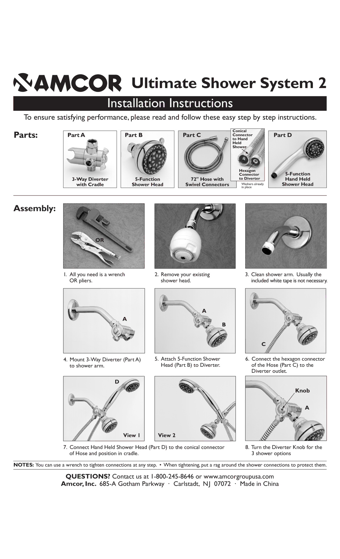 Amcor Ultimate Shower System manual Installation Instructions, Parts, Assembly 