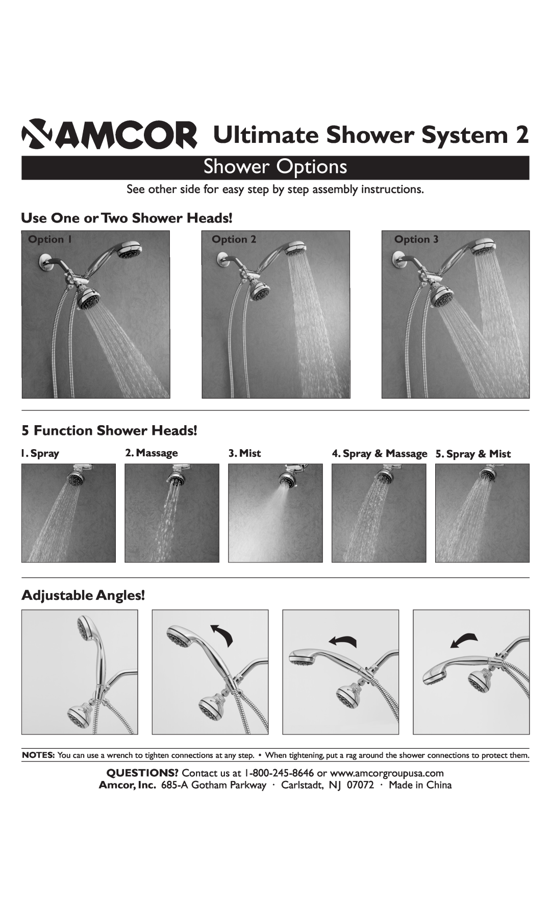 Amcor Ultimate Shower System manual Shower Options, Use One or Two Shower Heads, Function Shower Heads, Adjustable Angles 