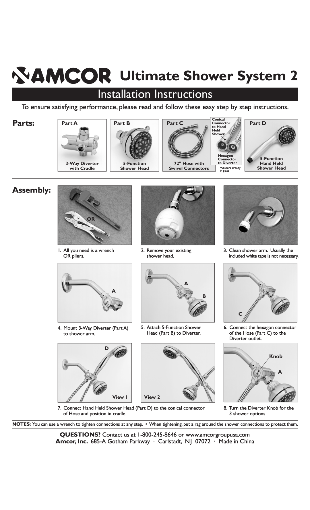 Amcor Ultimate Shower System manual Installation Instructions, Parts, Assembly 