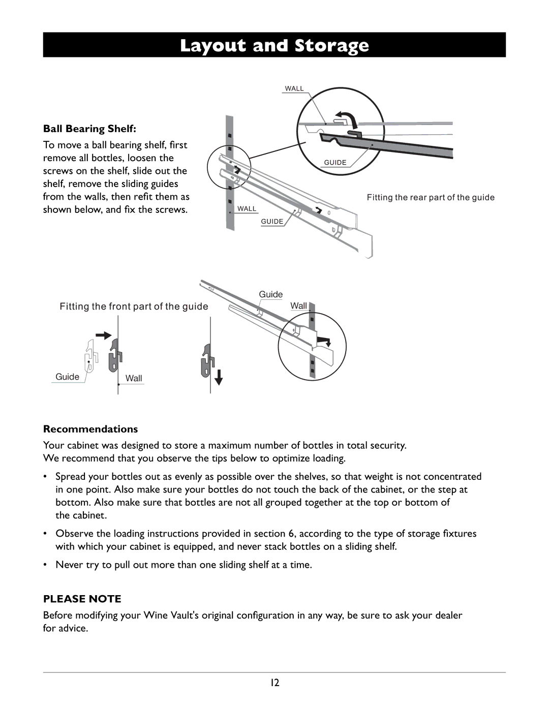 Amcor WV 150, WV 50, WV-100 owner manual Ball Bearing Shelf, Recommendations, Please Note 