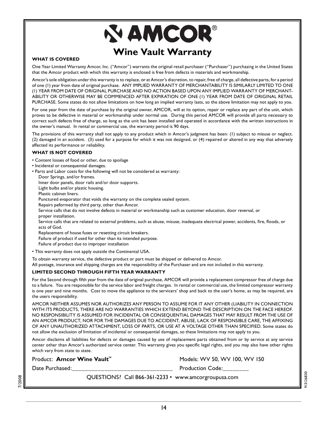 Amcor WV 150, WV 50, WV-100 owner manual Wine Vault Warranty 