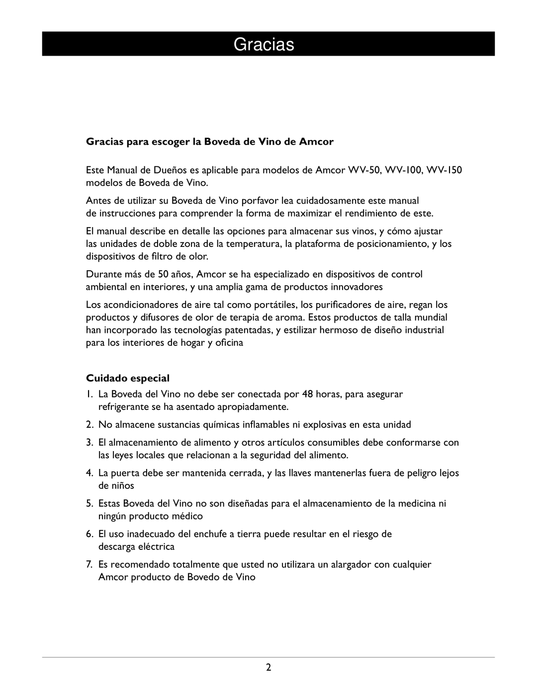 Amcor WV 50, WV-100, WV 150 owner manual Gracias para escoger la Boveda de Vino de Amcor, Cuidado especial 