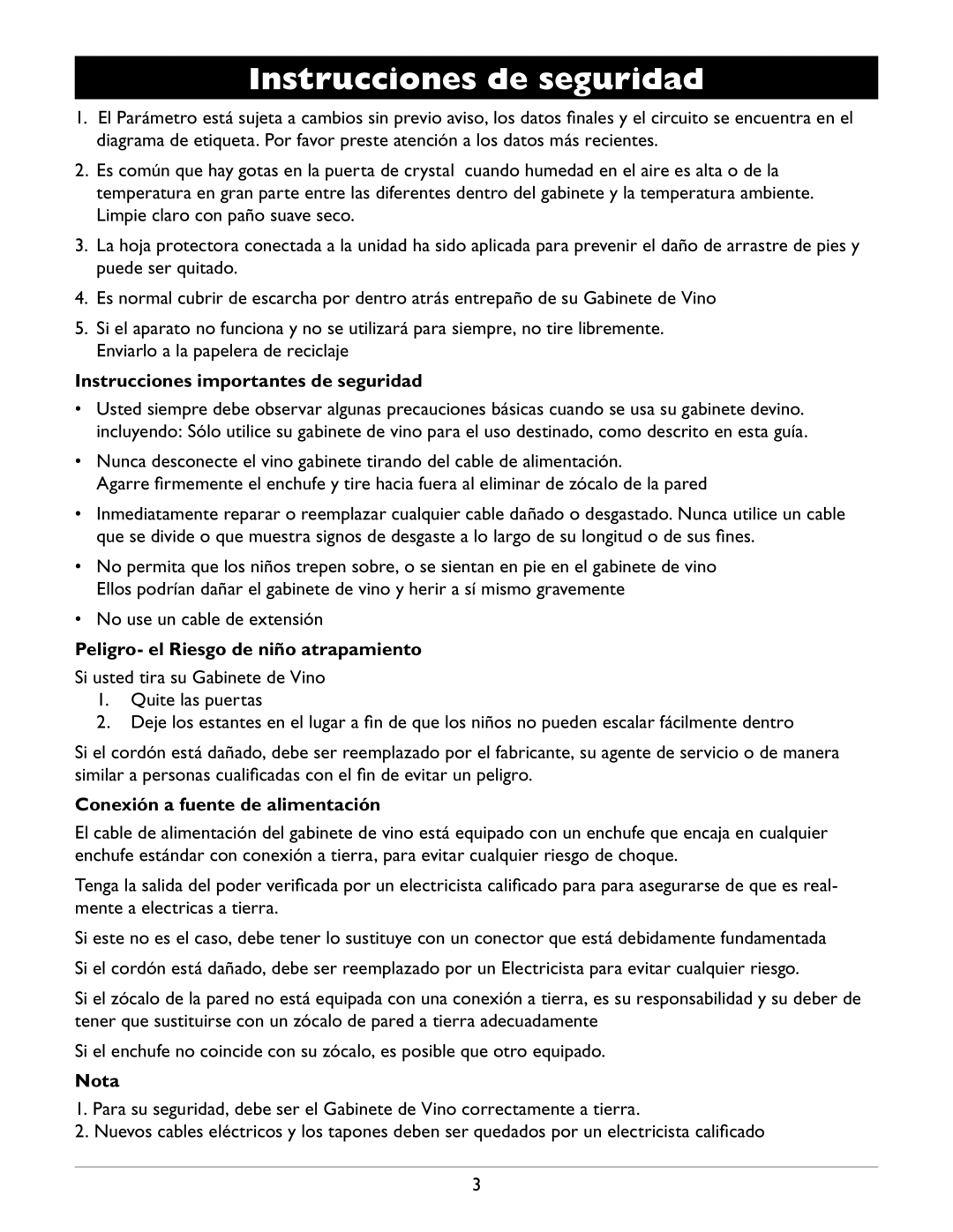 Amcor WV-100 Instrucciones de seguridad, Instrucciones importantes de seguridad, Peligro- el Riesgo de niño atrapamiento 