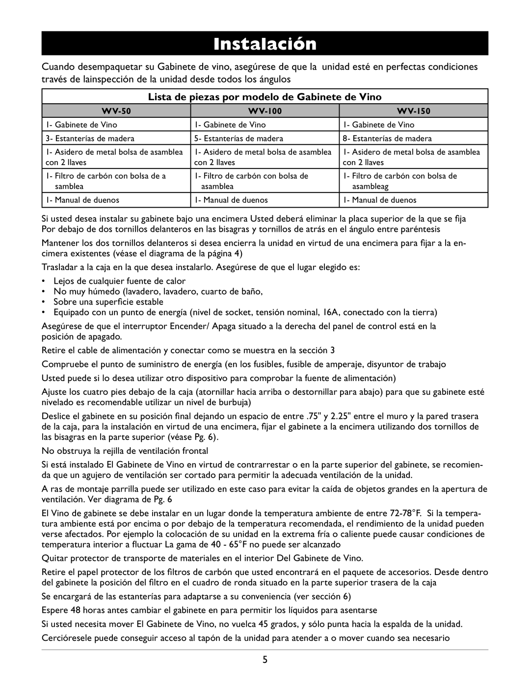 Amcor WV 50, WV-100, WV 150 owner manual Instalación, Lista de piezas por modelo de Gabinete de Vino 