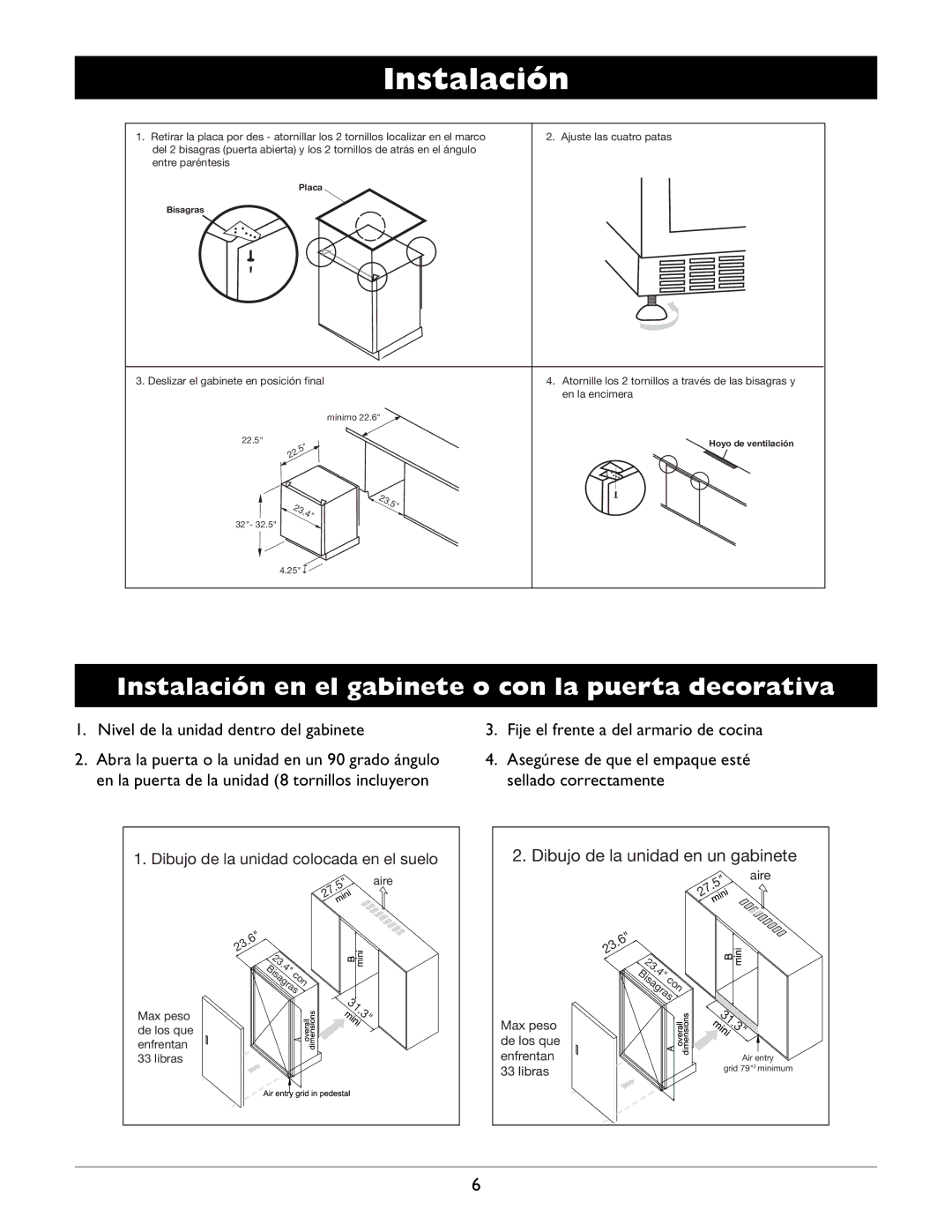 Amcor WV-100, WV 50, WV 150 owner manual Instalación en el gabinete o con la puerta decorativa 