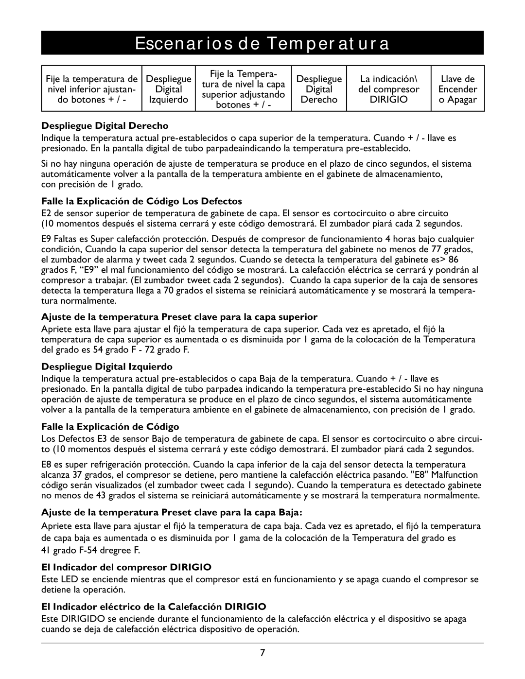 Amcor WV 150, WV 50, WV-100 owner manual Escenarios de Temperatura, La indicación\ Llave de 