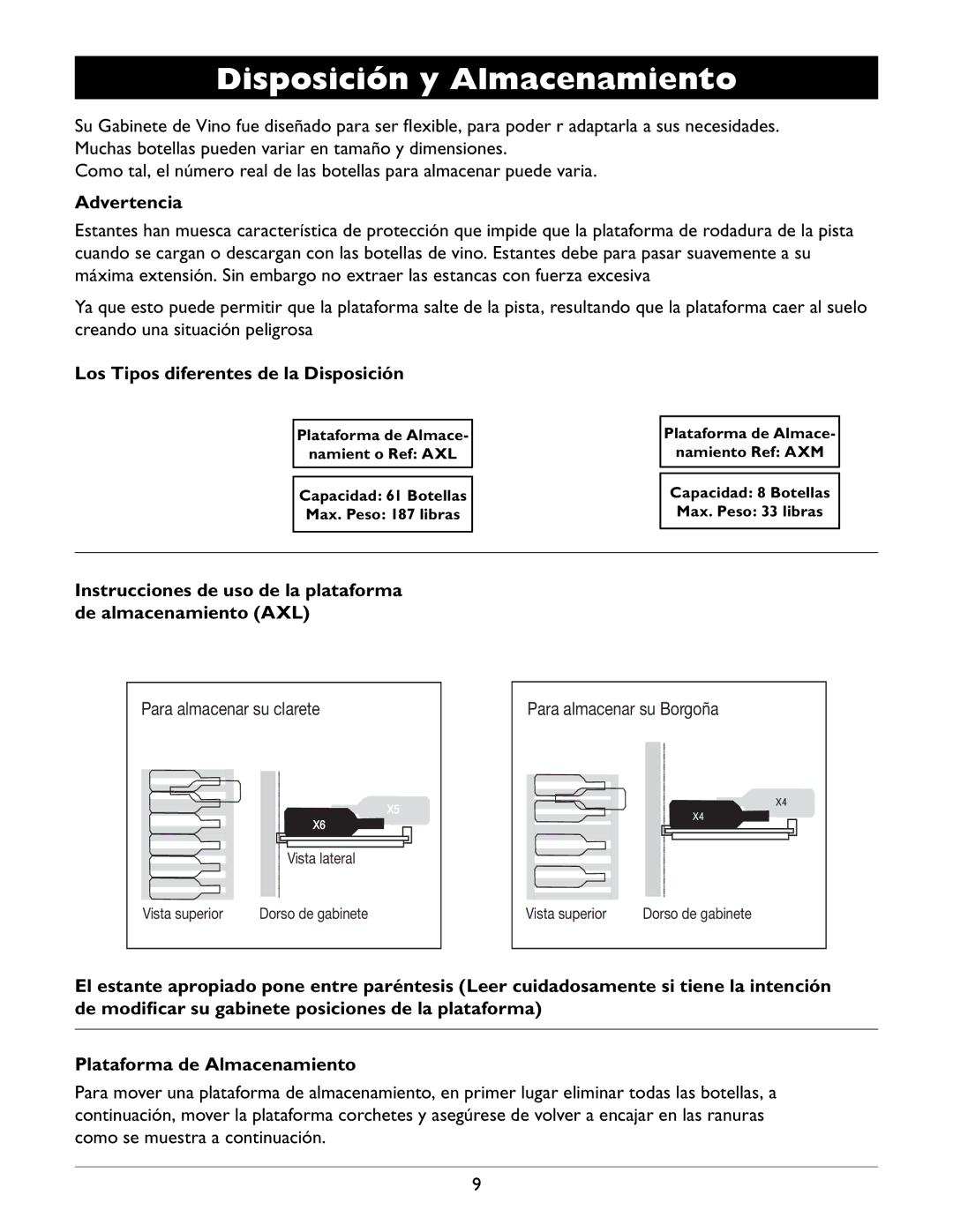 Amcor WV-100, WV 50, WV 150 owner manual Disposición y Almacenamiento, Advertencia, Los Tipos diferentes de la Disposición 