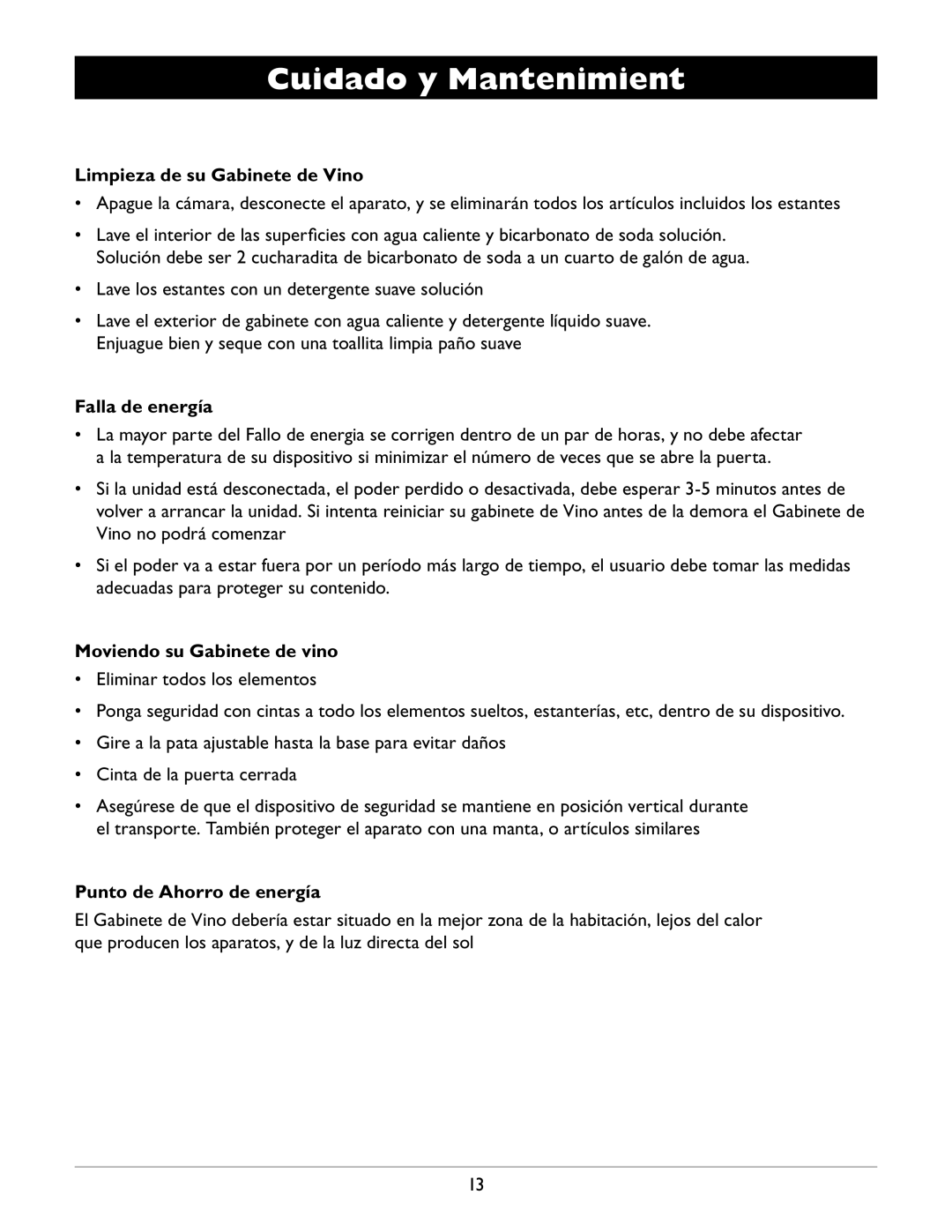 Amcor WV 150 Cuidado y Mantenimient, Limpieza de su Gabinete de Vino, Falla de energía, Moviendo su Gabinete de vino 