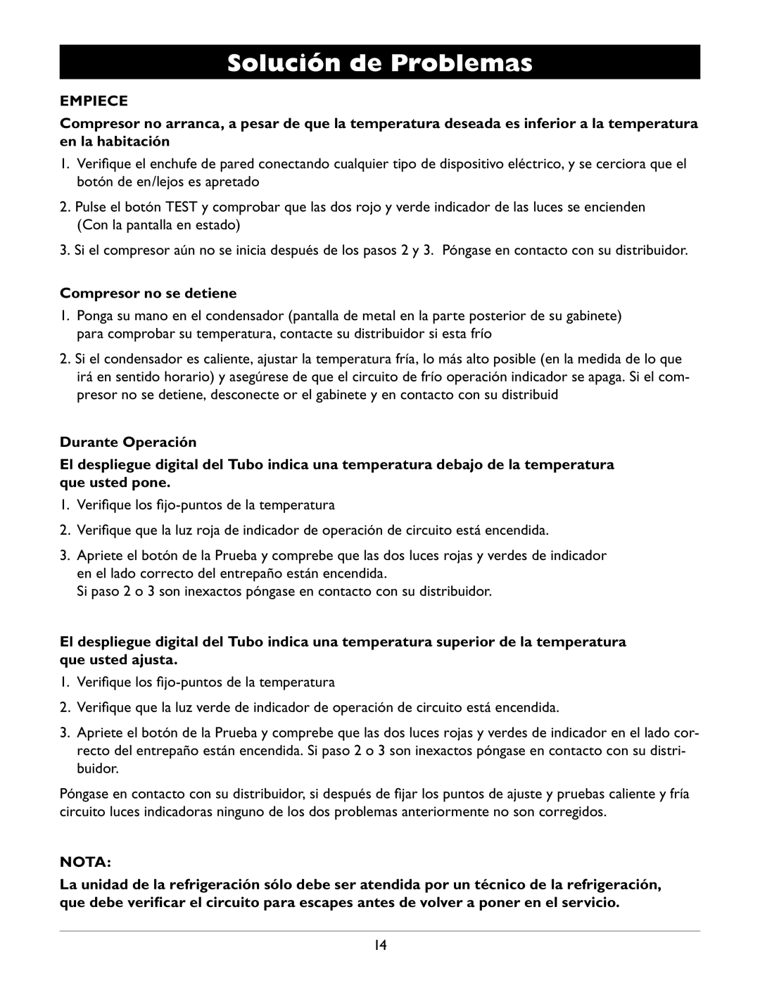 Amcor WV 50, WV-100, WV 150 owner manual Solución de Problemas, Empiece, Compresor no se detiene, Nota 