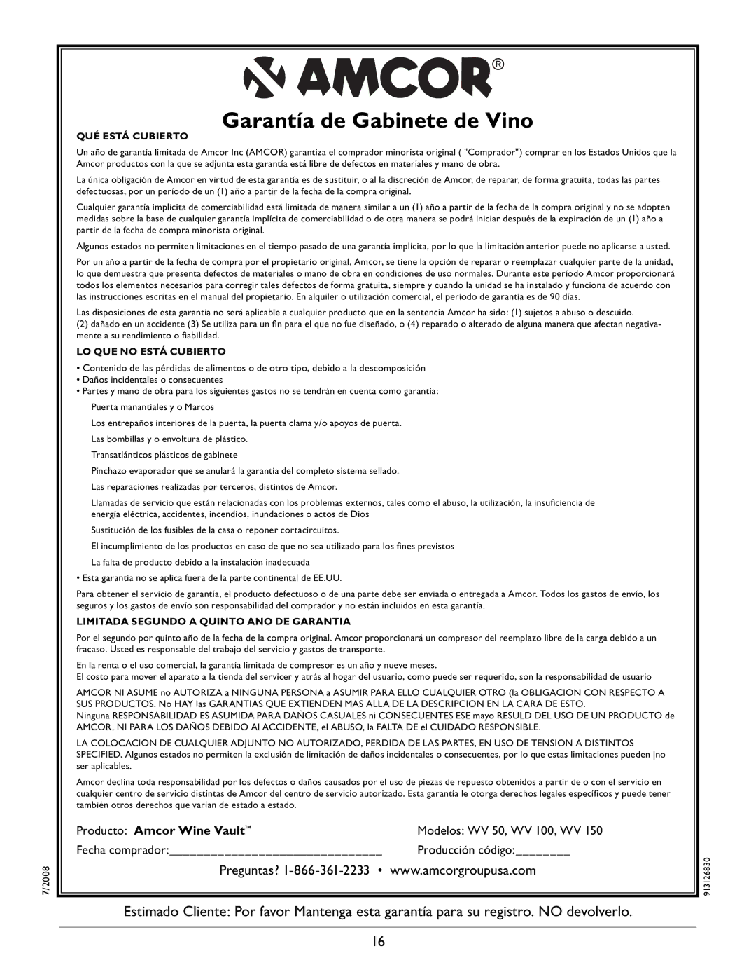 Amcor WV-100, WV 50, WV 150 owner manual Garantía de Gabinete de Vino 