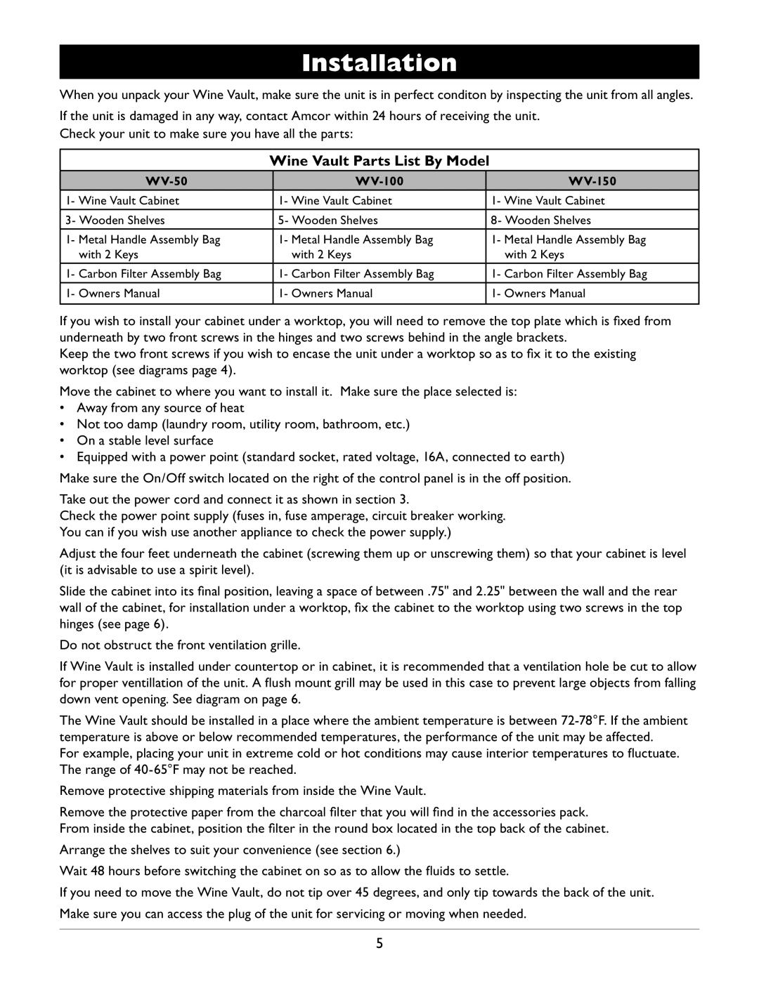 Amcor WV-100, WV 50, WV 150 owner manual Installation, Wine Vault Parts List By Model 