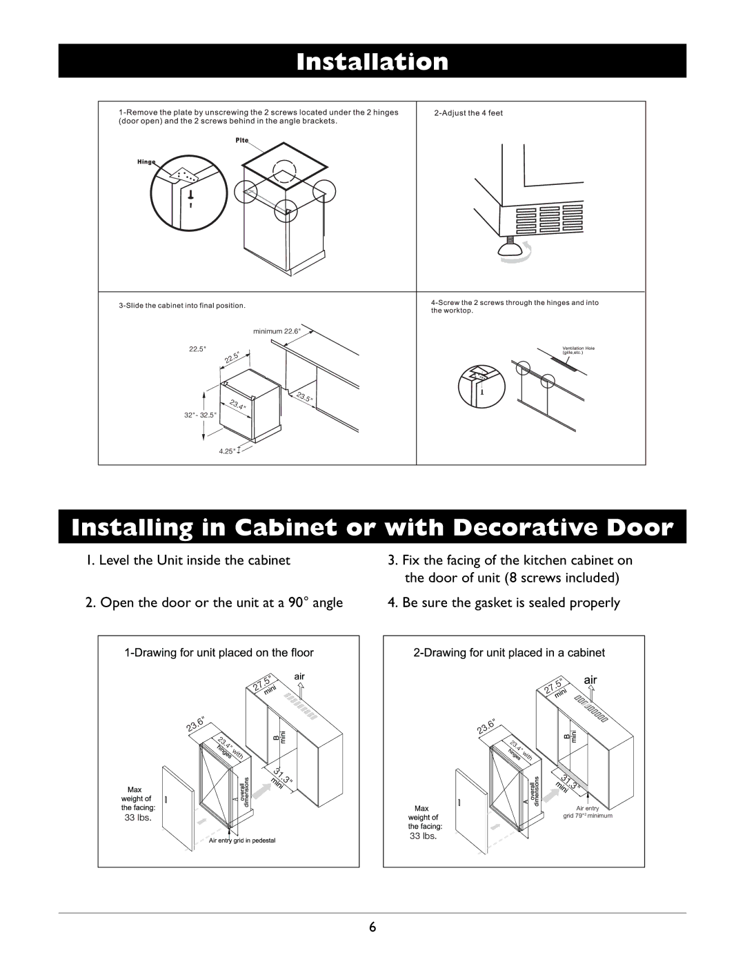 Amcor WV 150, WV 50, WV-100 owner manual Installing in Cabinet or with Decorative Door 