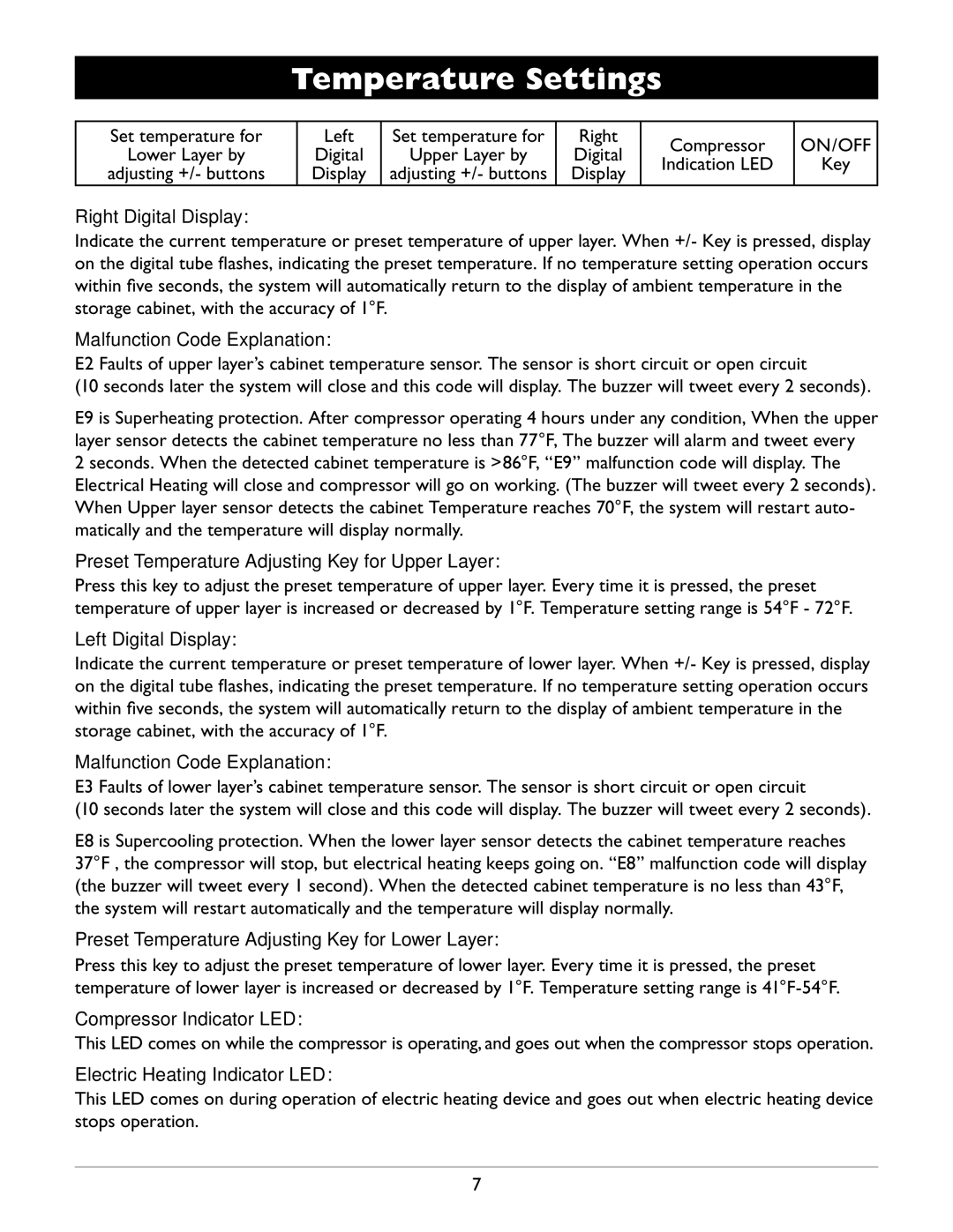 Amcor WV 50, WV-100, WV 150 owner manual Temperature Settings 