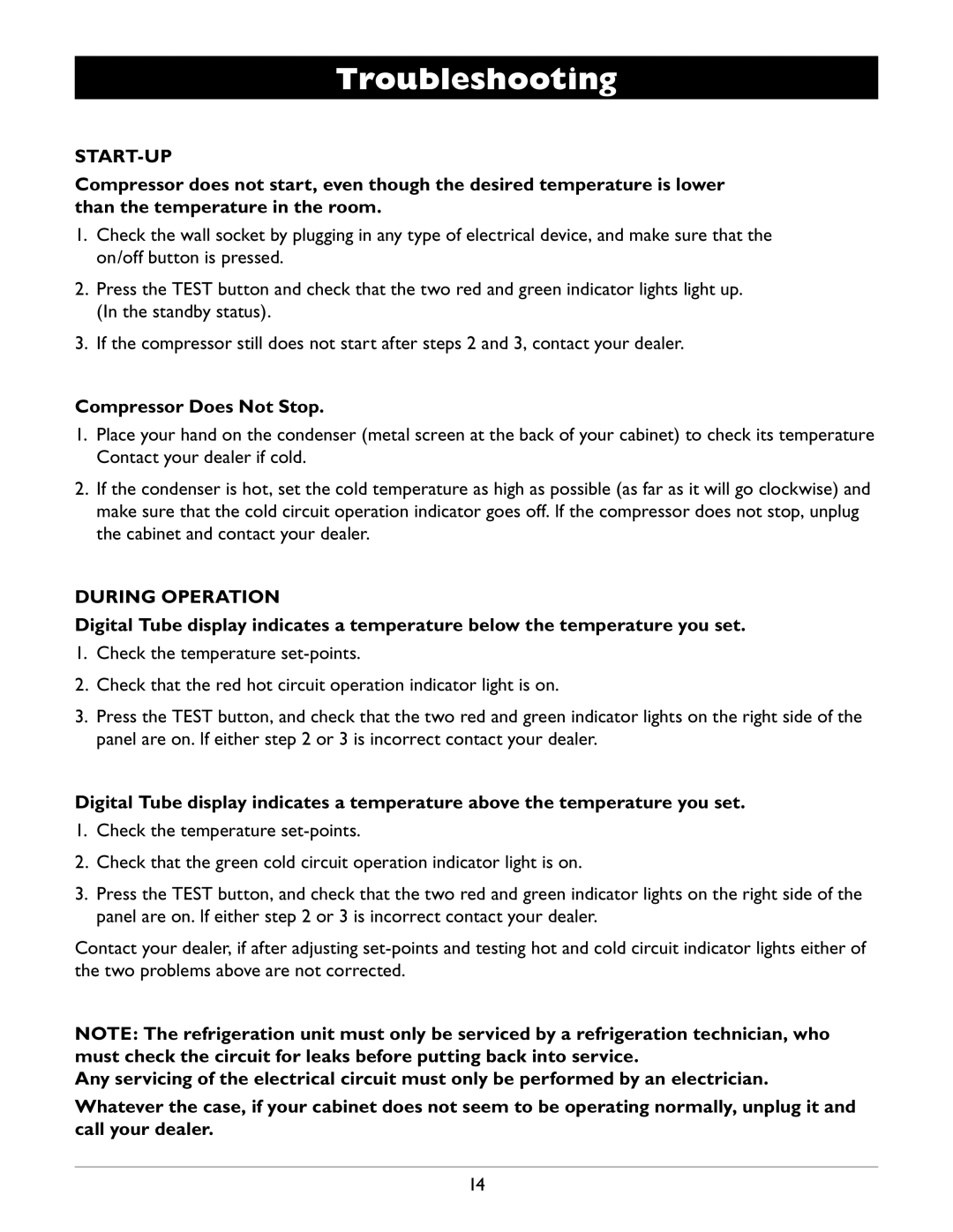 Amcor WV 50 owner manual Troubleshooting, Start-Up, Compressor Does Not Stop, During Operation 