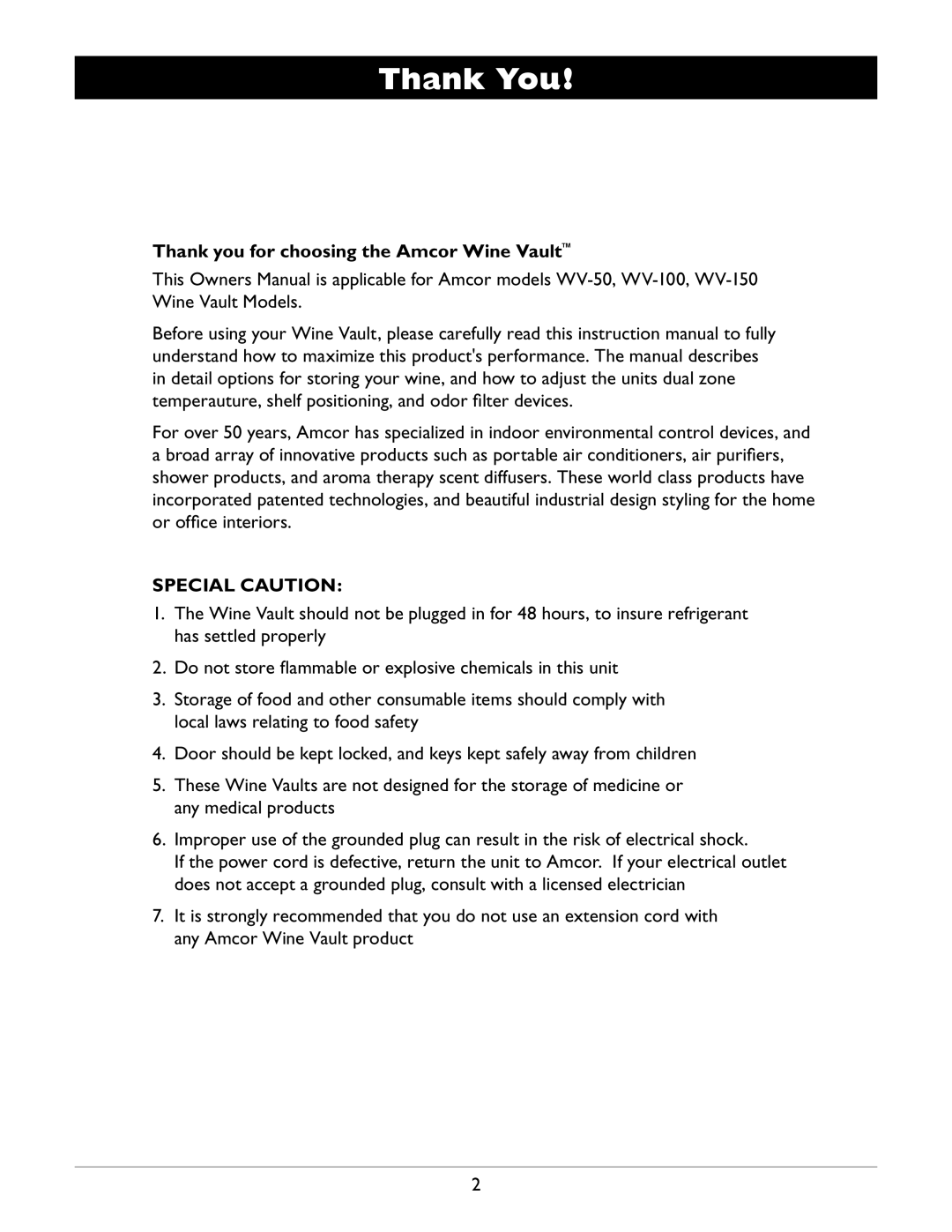 Amcor WV 50 owner manual Thank You, Thank you for choosing the Amcor Wine Vault, Special Caution 