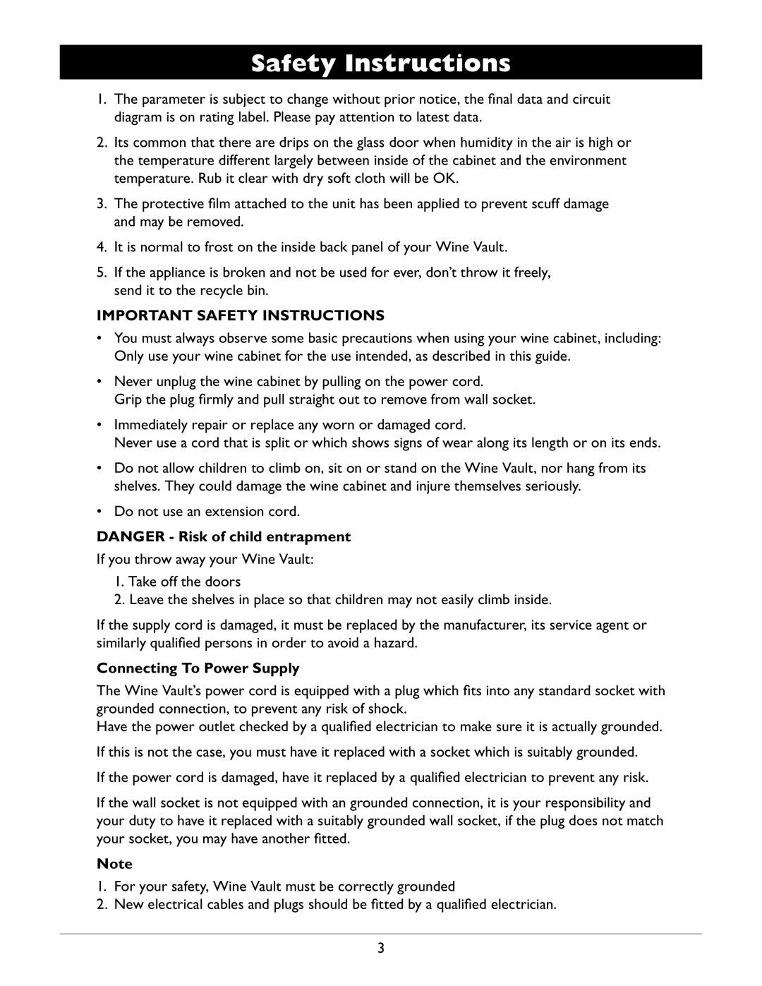 Amcor WV 50 owner manual Important Safety Instructions, Connecting To Power Supply 