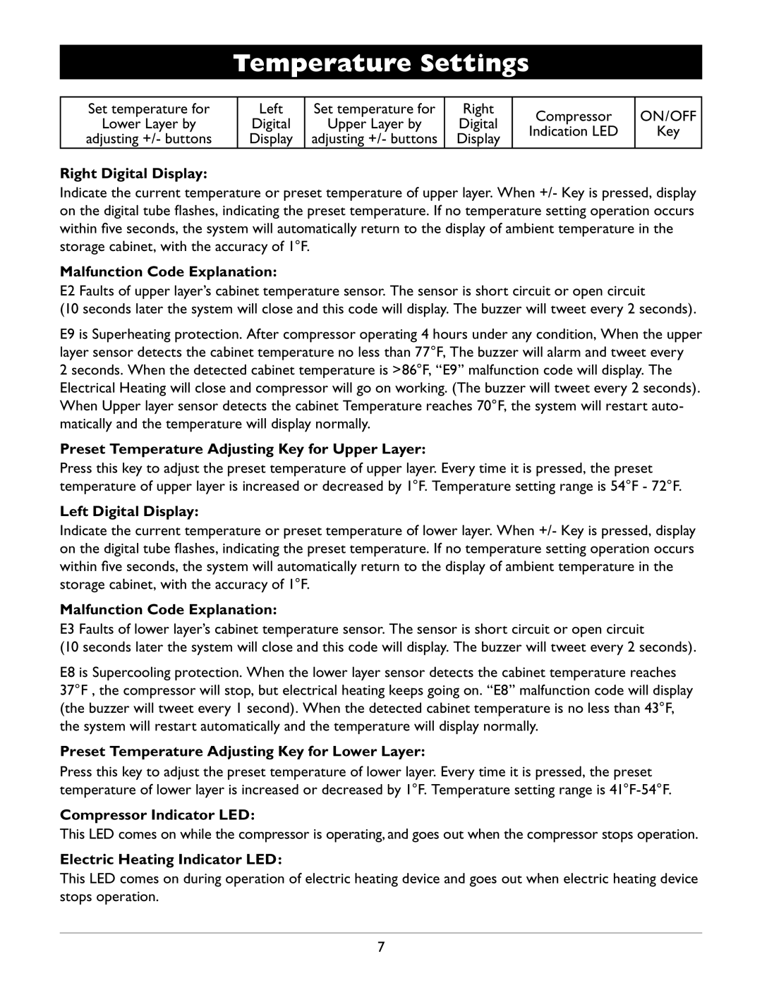 Amcor WV 50 owner manual Temperature Settings 