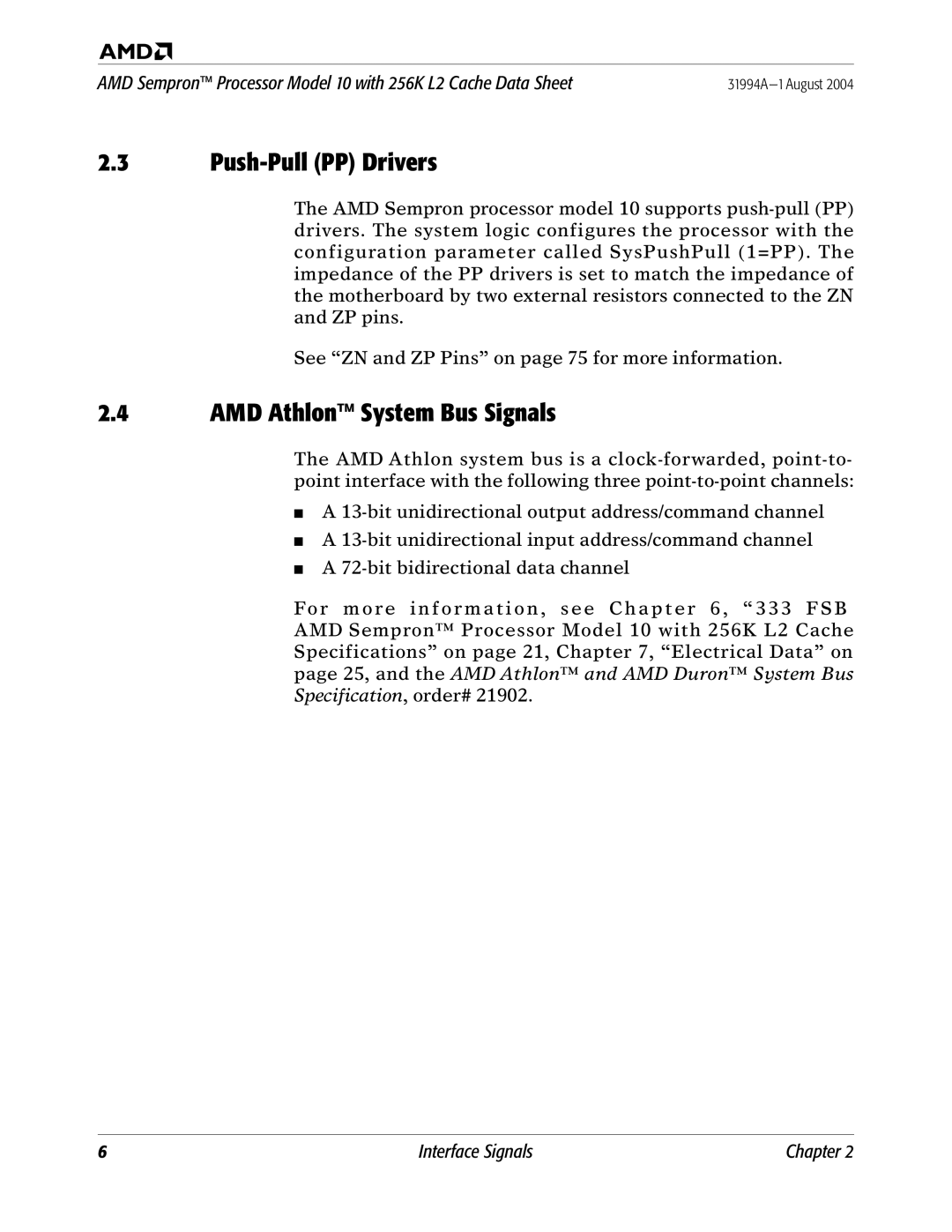 AMD 10 manual Push-Pull PP Drivers, AMD Athlon System Bus Signals 