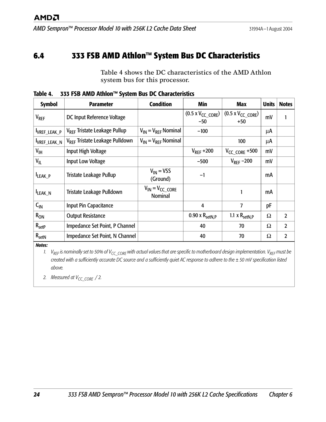 AMD 10 manual FSB AMD Athlon System Bus DC Characteristics 