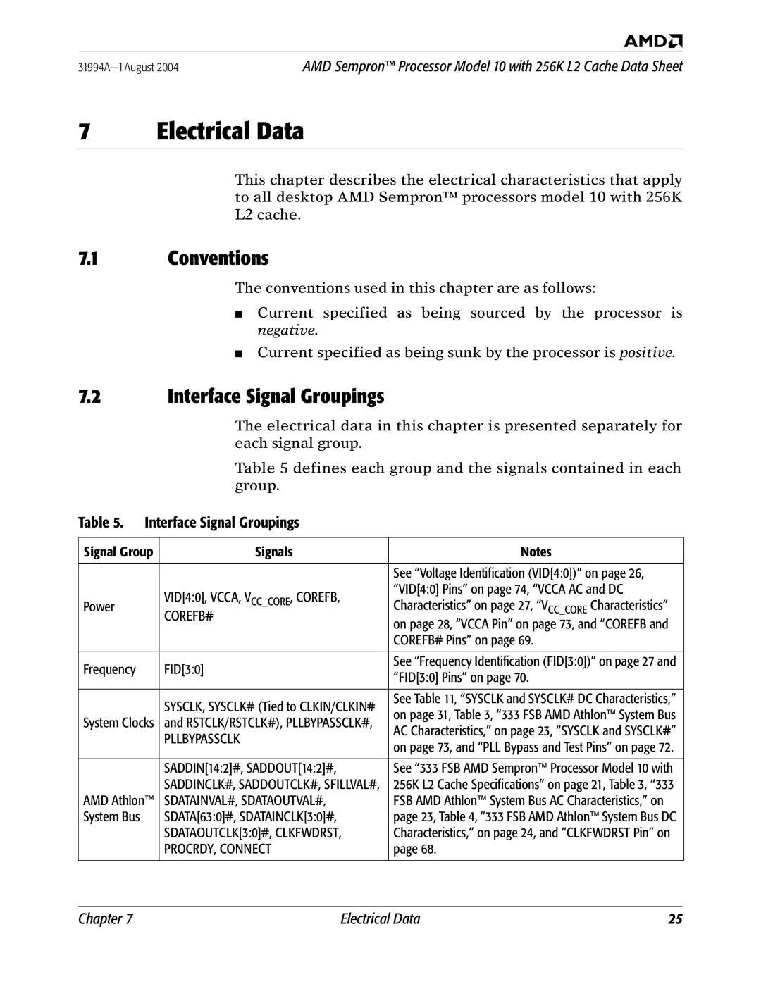 AMD 10 manual Electrical Data, Conventions, Interface Signal Groupings 