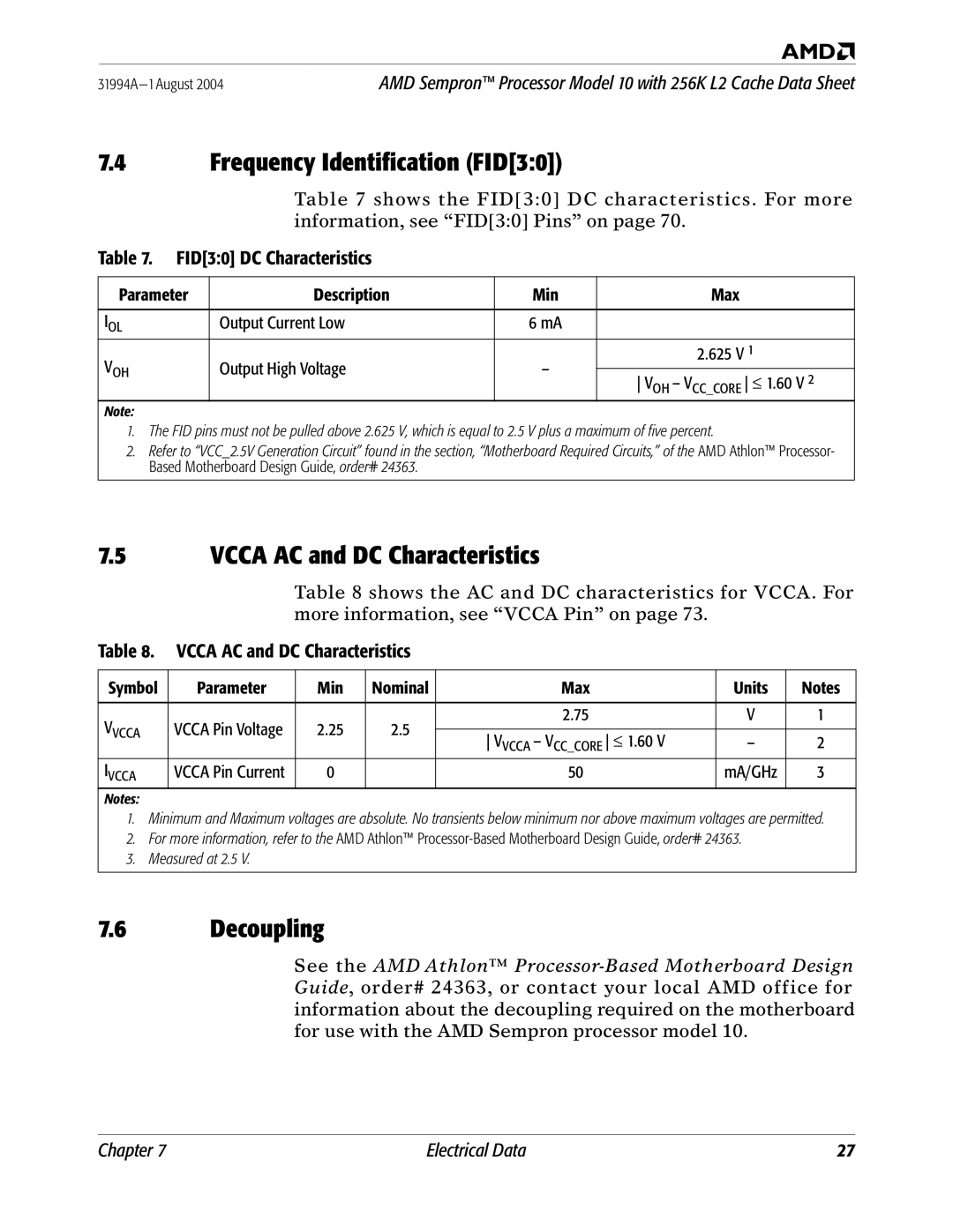 AMD 10 manual Frequency Identification FID30, Vcca AC and DC Characteristics, Decoupling, FID30 DC Characteristics 